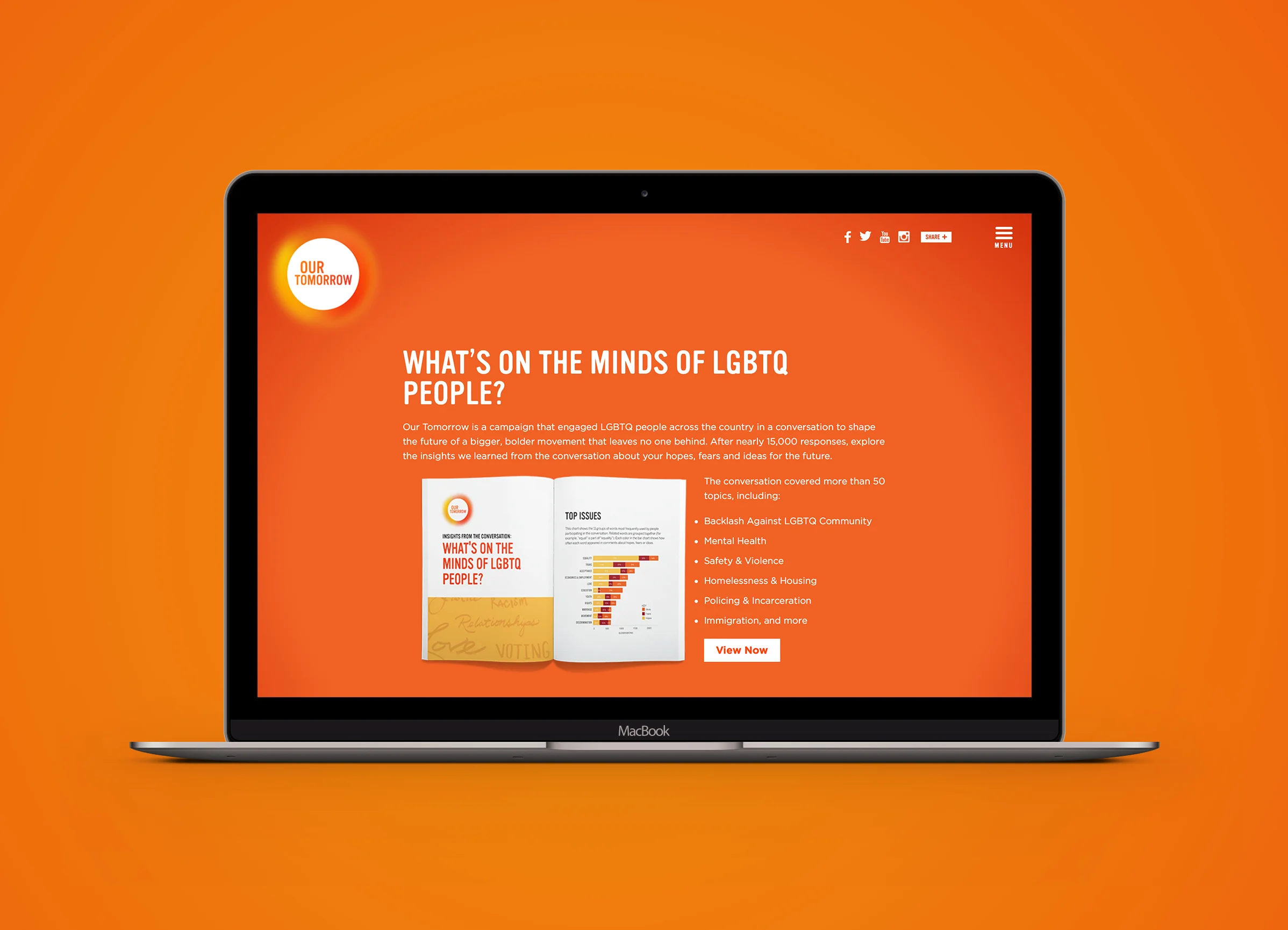 Laptop displaying a webpage with a campaign titled 'What's on the Minds of LGBTQ People?' from 'Our Tomorrow'. The orange page describes the campaign's goals and top issues like mental health, safety, and immigration.