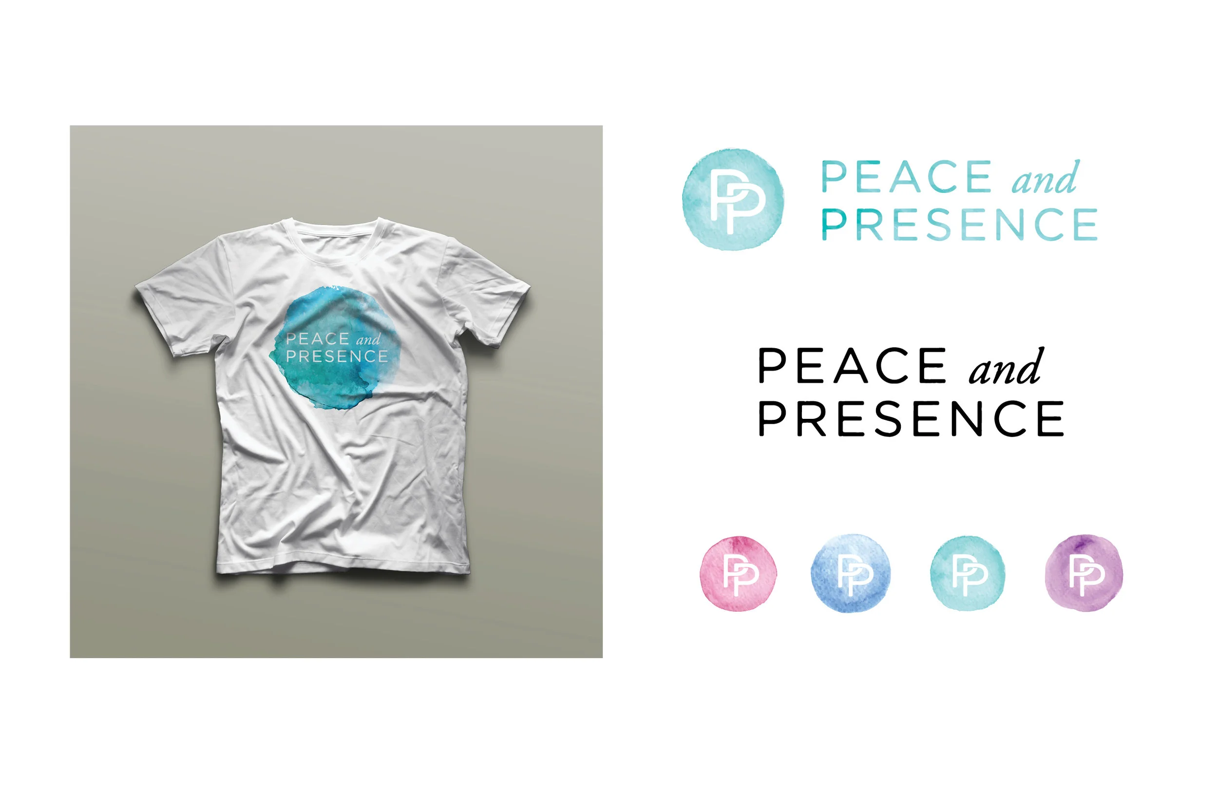 White T-shirt with "Peace and Presence" logo on blue background, logo variations in watercolor circles, Peace and Presence text, minimalist design.