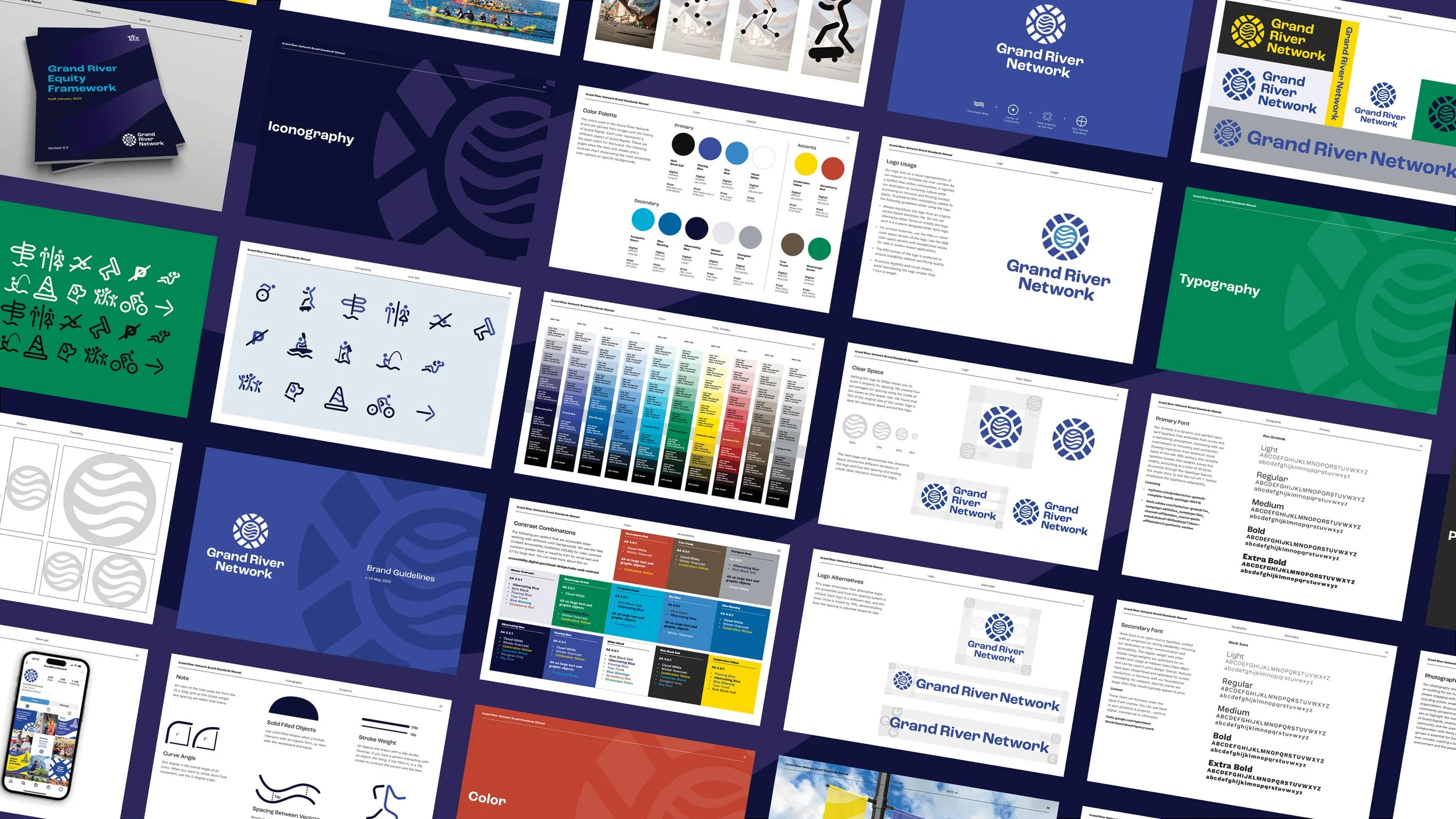 A collection of branding and design documents for the Grand River Network, including logos, color palettes, iconography, typography, brand guidelines, and sample applications.