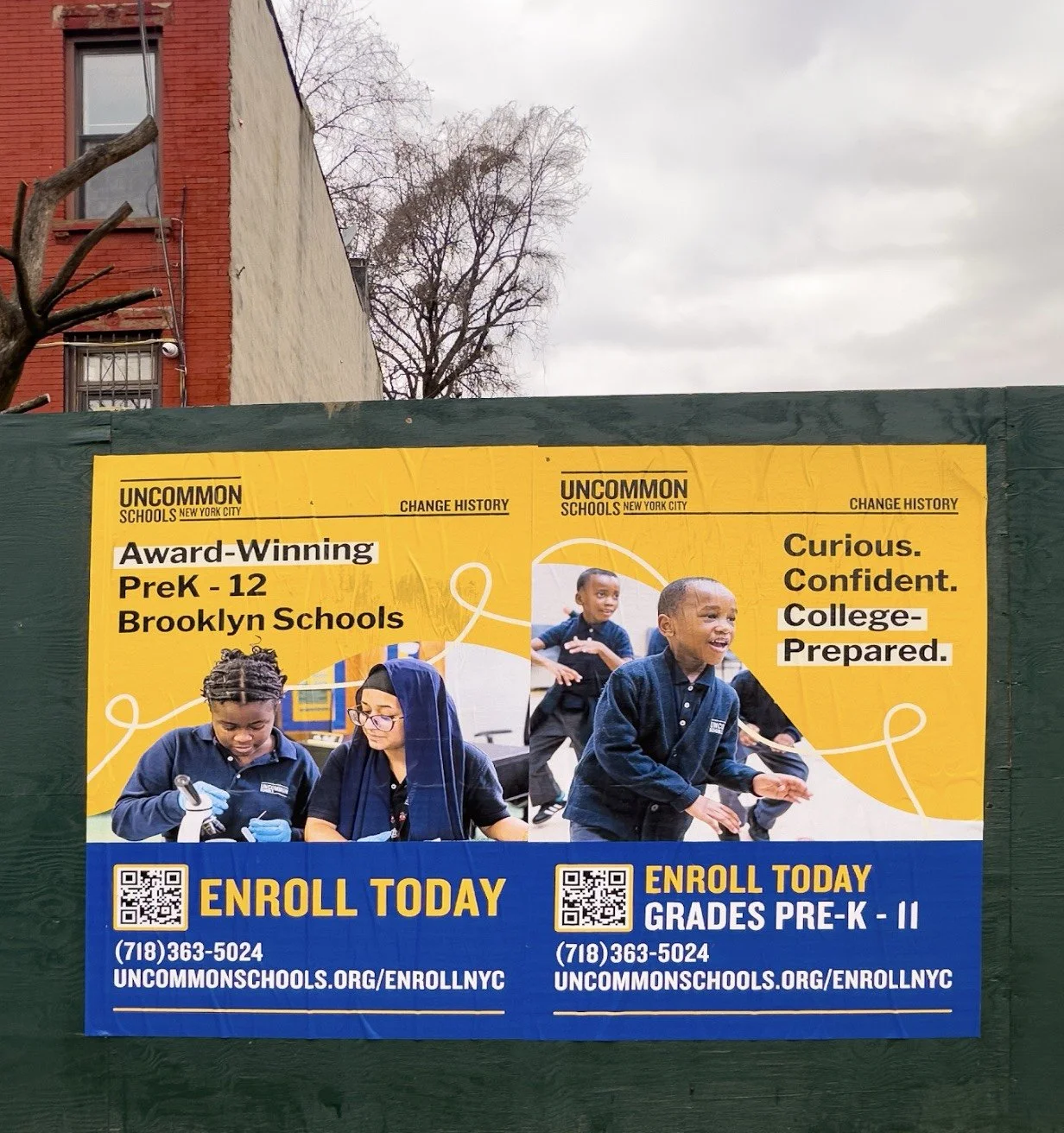 Yellow and blue flyer promoting Brooklyn Schools, featuring images of diverse young children in school uniforms engaging in activities, with messages about enrollment and change history.