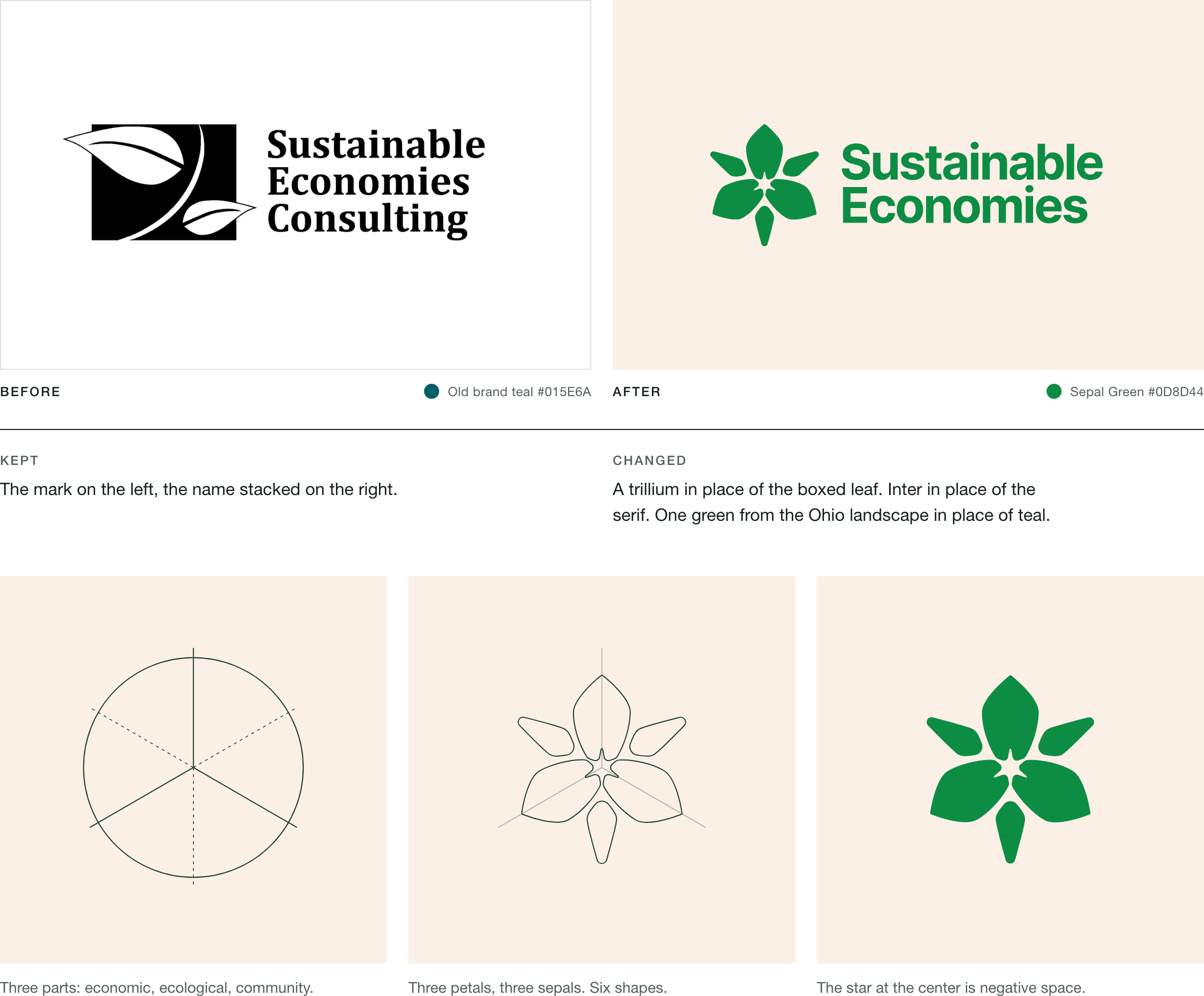 Before and after: the previous boxed-leaf logo with a serif wordmark, and the new trillium mark with Sustainable Economies in Sepal Green. Below, three stills show the mark built from three parts and six shapes.
