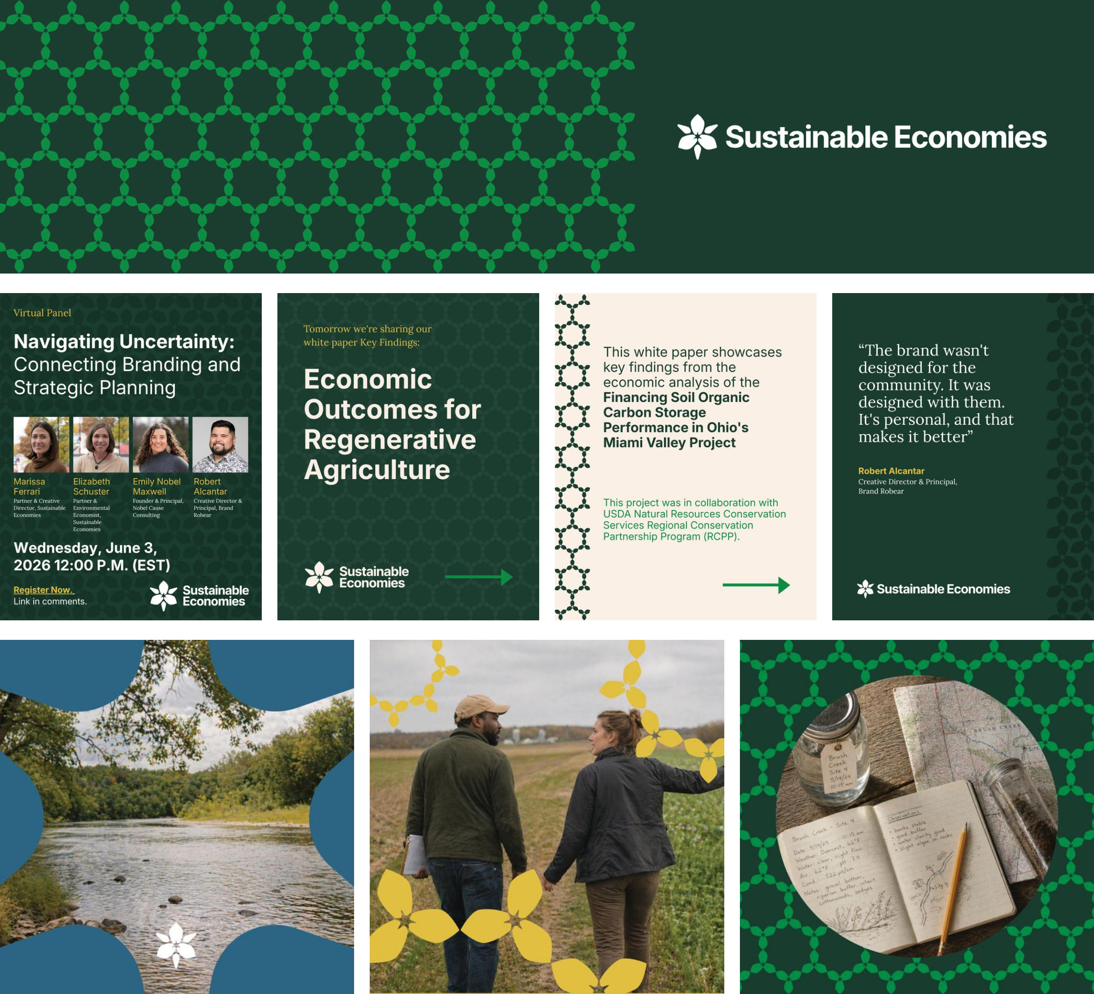 The system in use: a LinkedIn header with the open lattice on Deep Forest, four LinkedIn posts including the June 3 virtual panel announcement, and three square posts with field photos framed by trillium shapes.