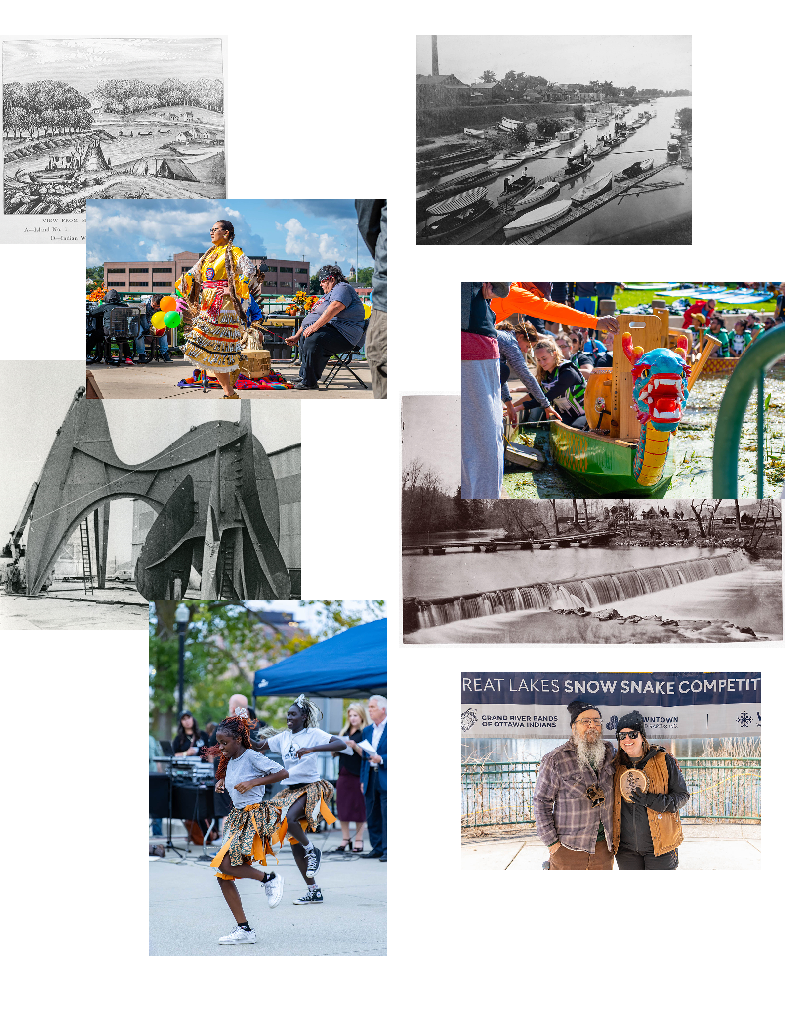 Collage of historical and cultural scenes including old engravings, black-and-white and color photos of riverboats, a native dance performance with traditional clothing, a modern dance event, the Calder sculpture "La Grande Vitesse," and two people holding an award in front of a snow competition banner.