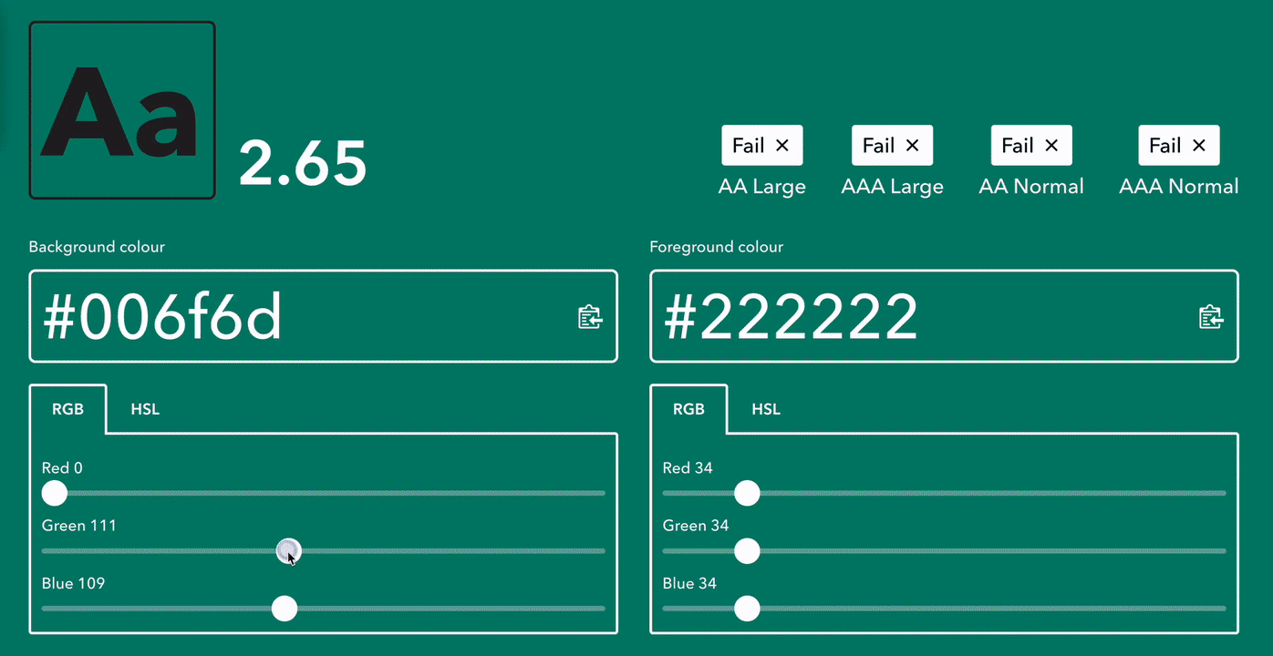 Screenshot of a design tool interface showing font size 2.65, background color code #006f6d, foreground color code #222222, and font weight options, with color sliders for RGB and HSL adjustments.