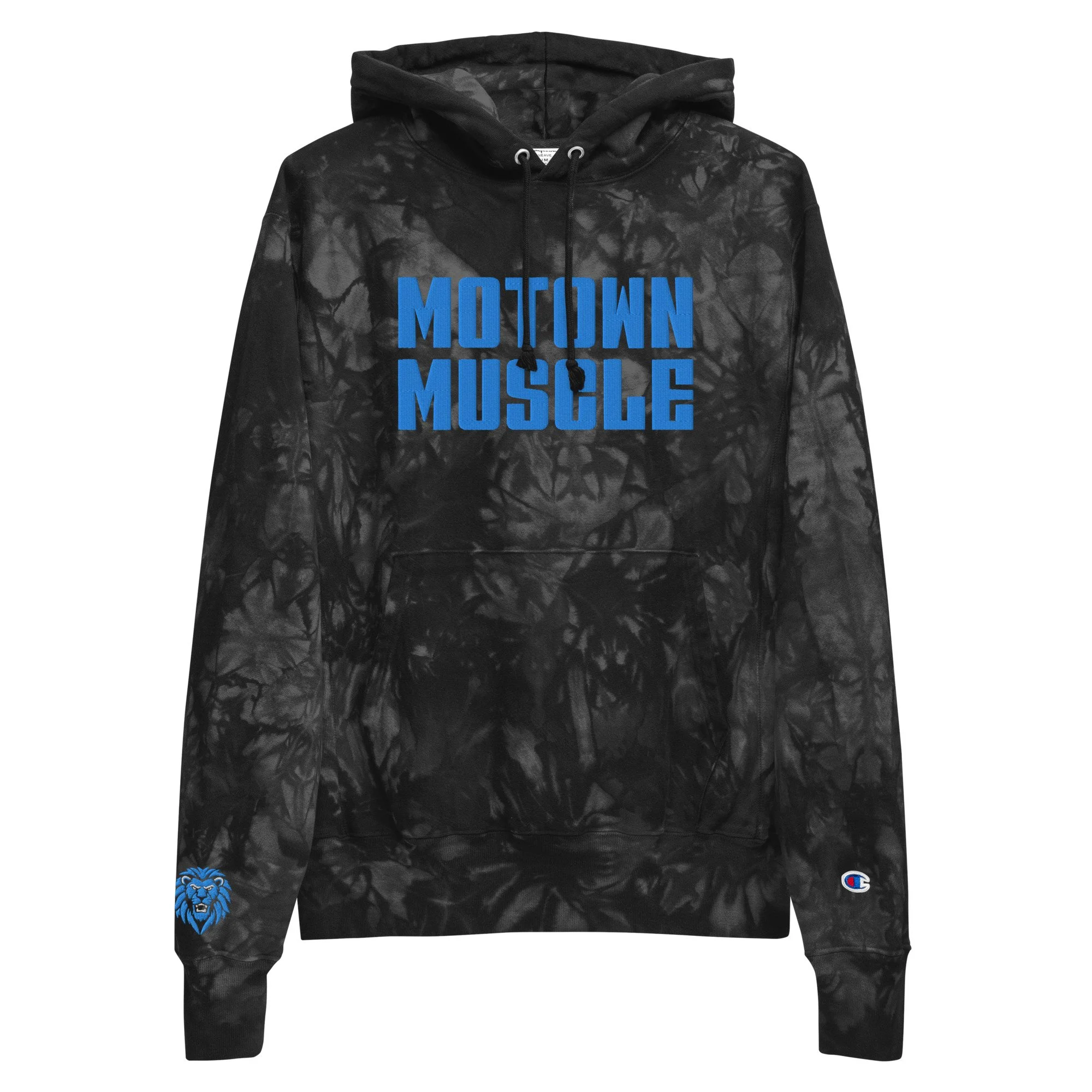Motown Muscle Stacked Champion Tie-dye Hoodie Embroidered Black/Blue