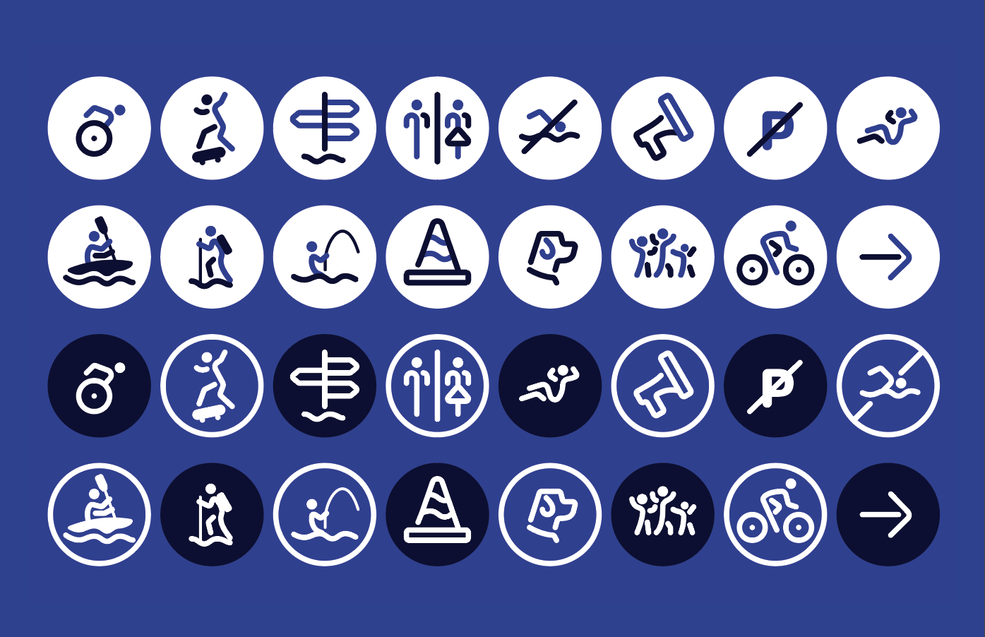 Collection of fitness and outdoor activity icons in white, navy, and light blue, including swimming, skating, hiking, biking, running, yoga, and sports, arranged in a grid on a blue background.
