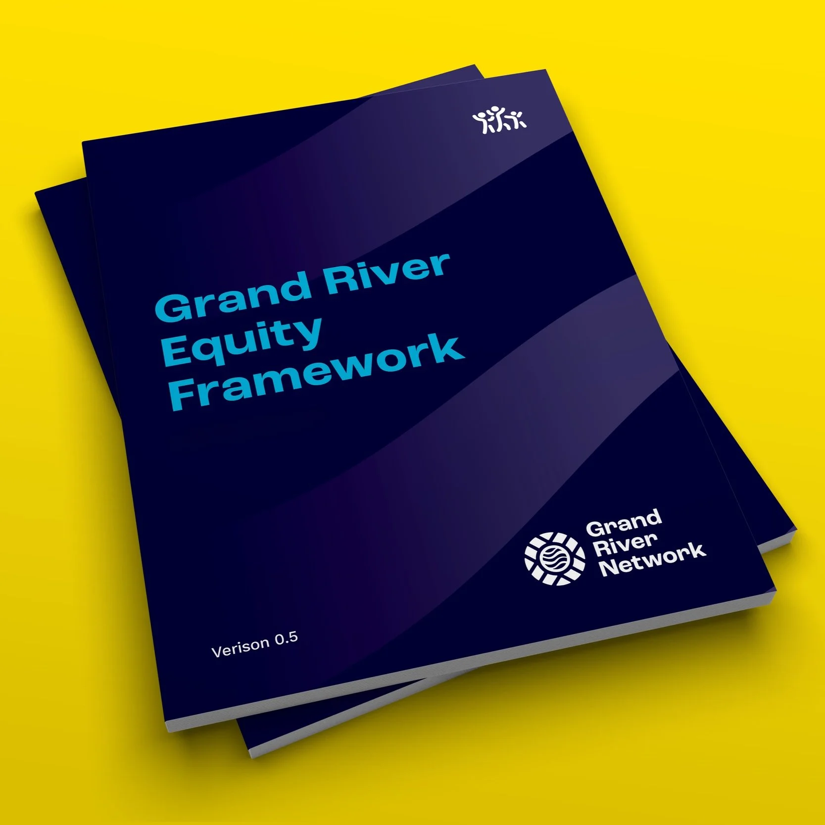 Two copies of a booklet titled 'Grand River Equity Framework' on a yellow background, with a logo and white text indicating 'Grand River Network' and 'Verison 0.5'.