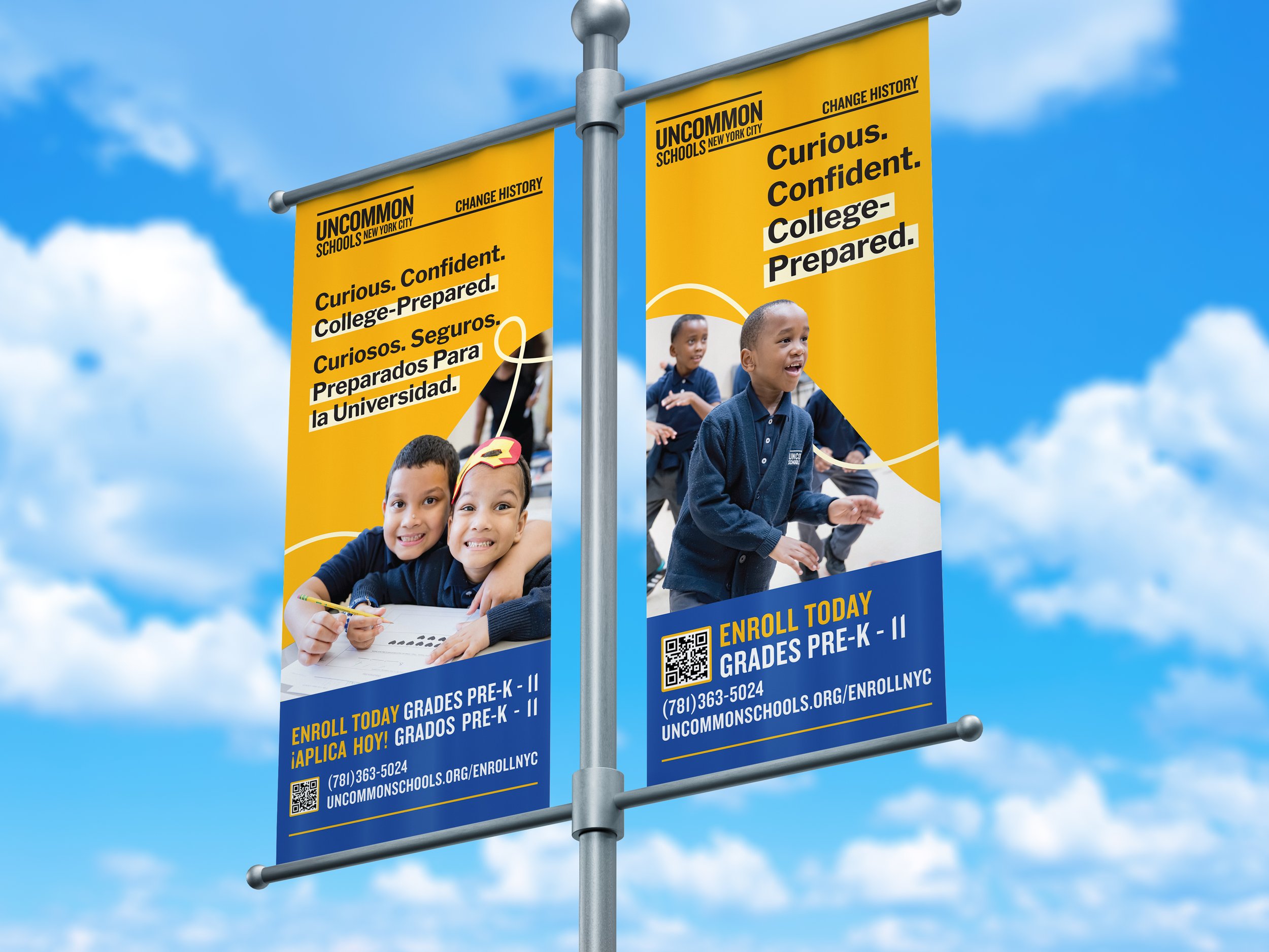 School recruitment banners with photos of happy children, promoting enrollment in grades pre-kindergarten to 12, with a QR code and contact information.