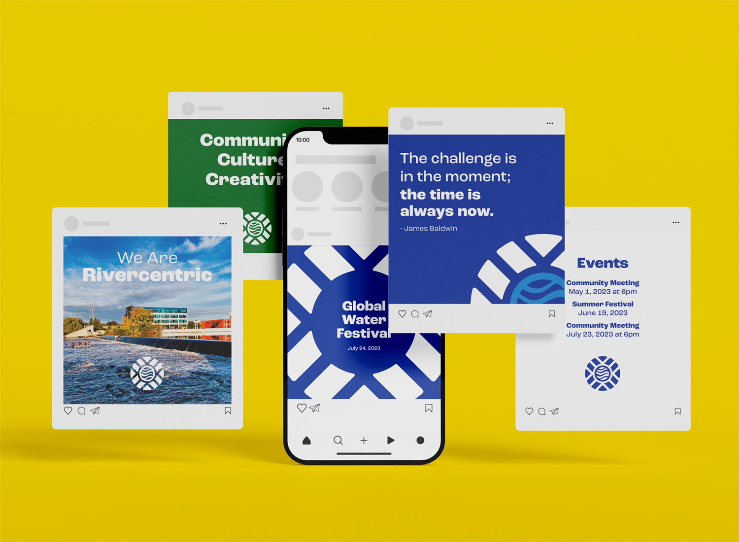 Digital graphic displaying multiple social media post screens with messages about community, water festival, and events, set against a yellow background.