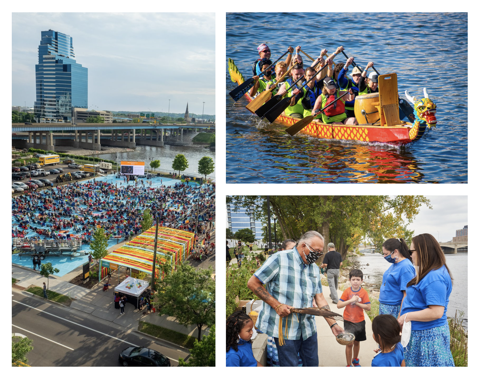 Collage of events in a city setting: Left image shows a large outdoor gathering with people seated on blankets, surrounded by tall buildings. Top right shows a team in a colorful dragon boat on a river. Bottom right is a small group participating in a riverside cultural ceremony, led by a person holding a smoking bowl.