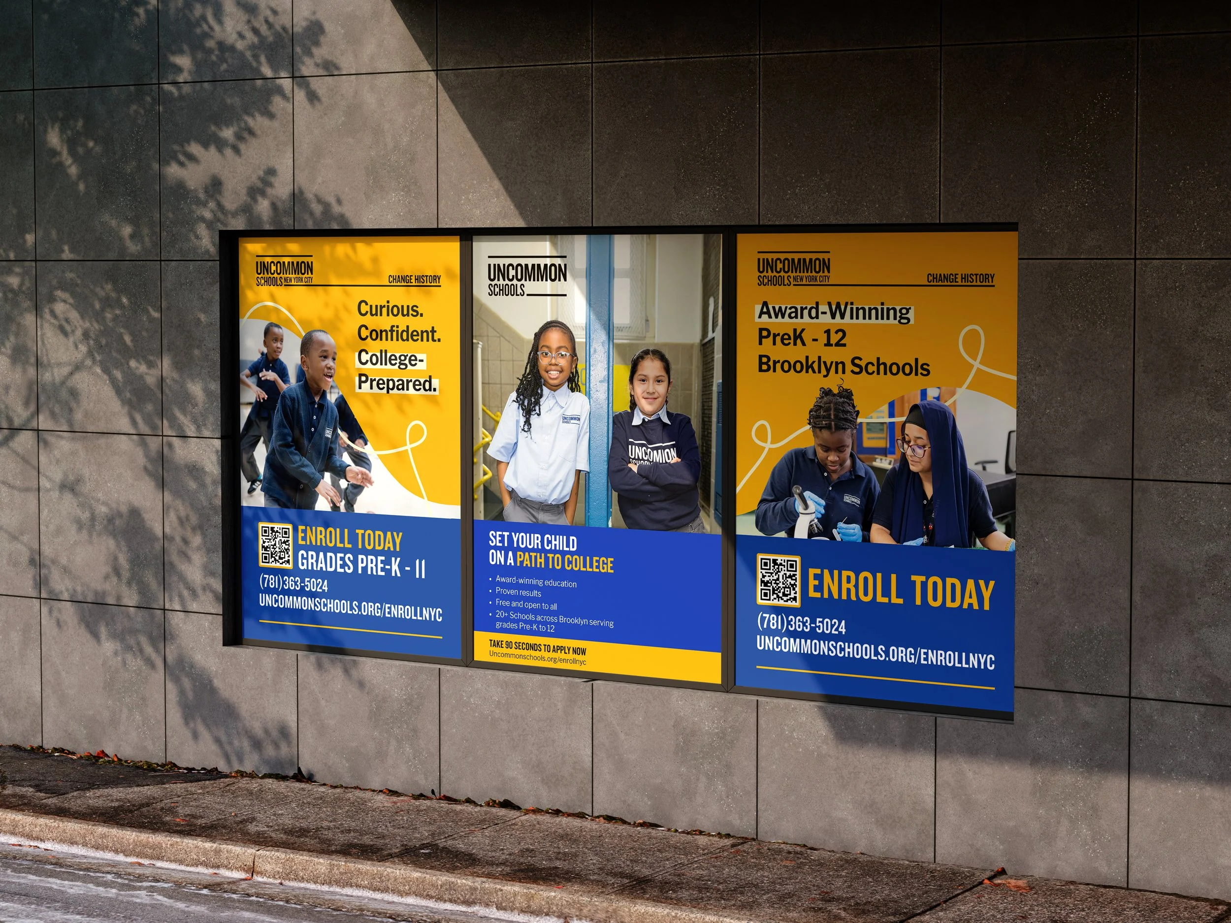 Advertisement for Uncommon Schools Brooklyn, promoting enrollment for Pre-K to 12 grades with images of diverse children and text about college preparation and enrollment details.