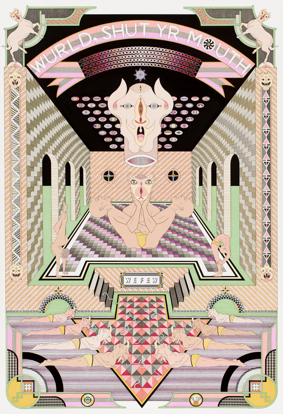 World, Shut your Mouth, 2015 Pen, fibre tipped markers, metallic paint and gouache on paper 1700 x 800mm