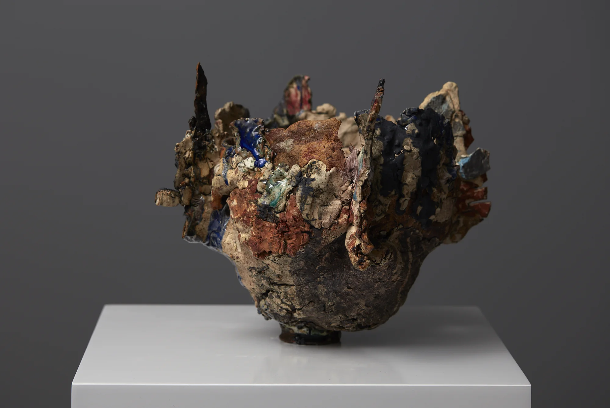 Four Point Pot 2017 earthenware, stoneware, porcelain, raw clay, ceramic pigment and oxide, glass, copper, ceramic scraps 285 x 400 x 360mm