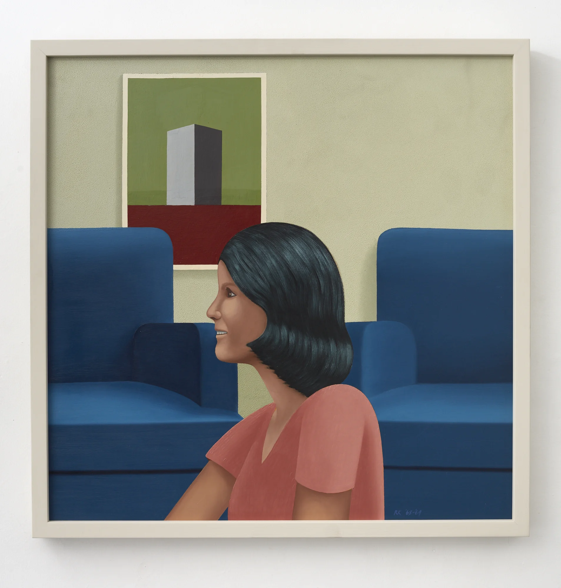 Richard Killeen Woman with two chairs and a painting 1969 oil on hardboard 800 x 800mm