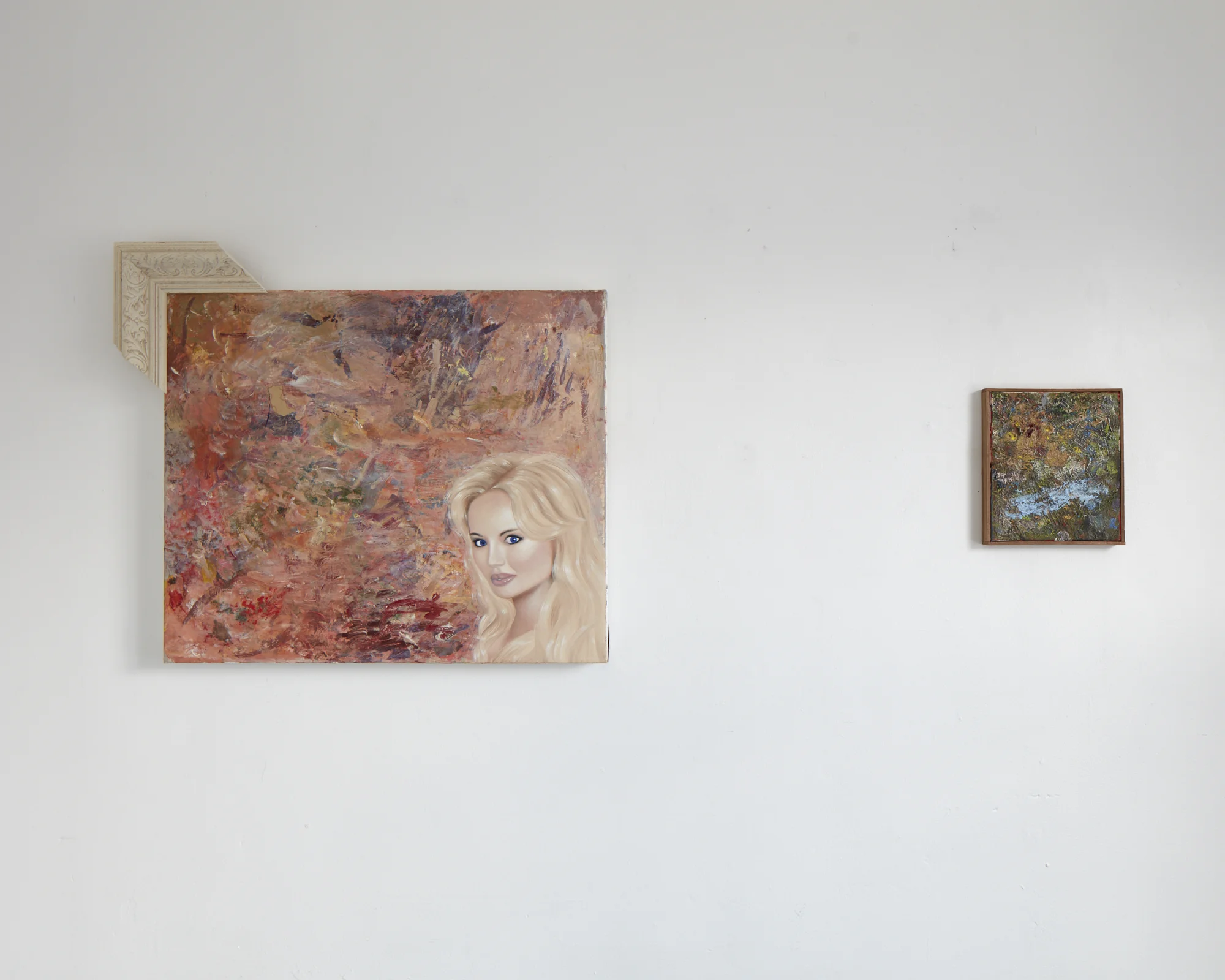LEFT TO RIGHT Liz Maw Untitled 2017 oil on canvas 630 x 730mm Andrew McLeod Small abstraction with Alizarin Red Lake 2017 oil on canvas 240 x 210mm