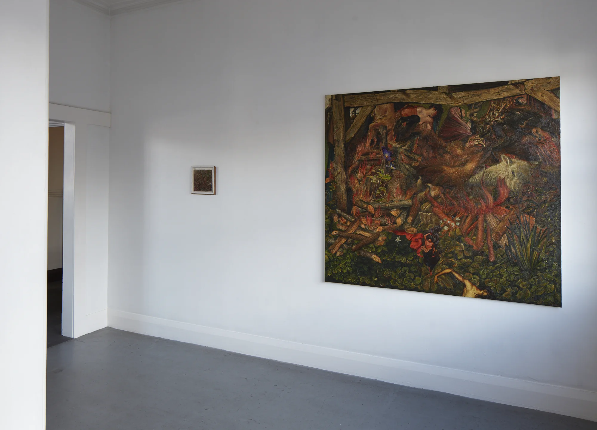LEFT TO RIGHT Abstraction with encaustic and cedar 2017 oil and encaustic on canvas, cedar 255 x 260mm Garden scene with green and orange 2017 oil on canvas 1505 x 1600mm