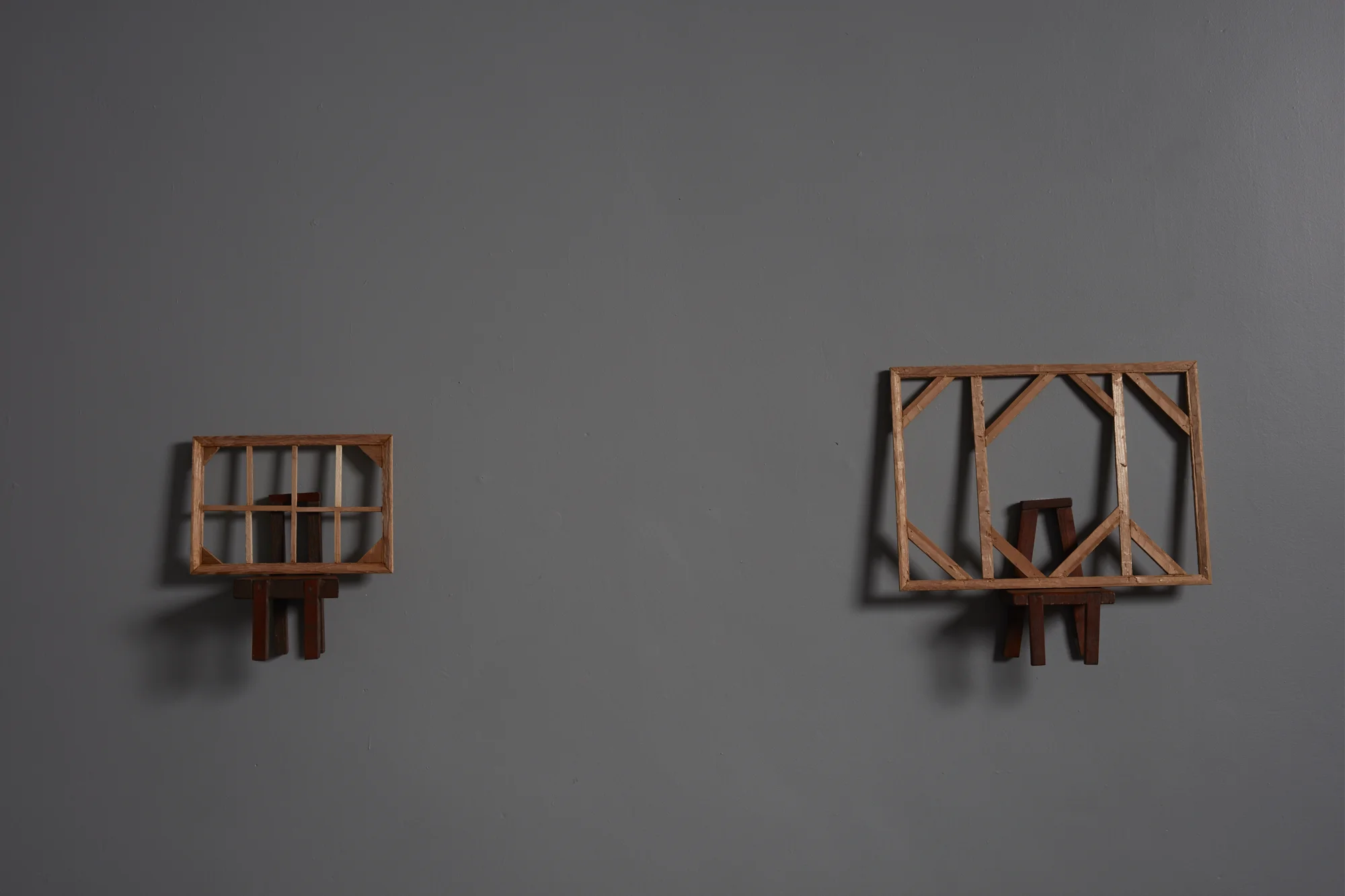 LEFT TO RIGHT Marquette with strainer and chair I 2017 cedar and found object 255 x 225 x 95mm Marquette with strainer and chair II 2017 cedar and found object 340 x 355 x 85mm