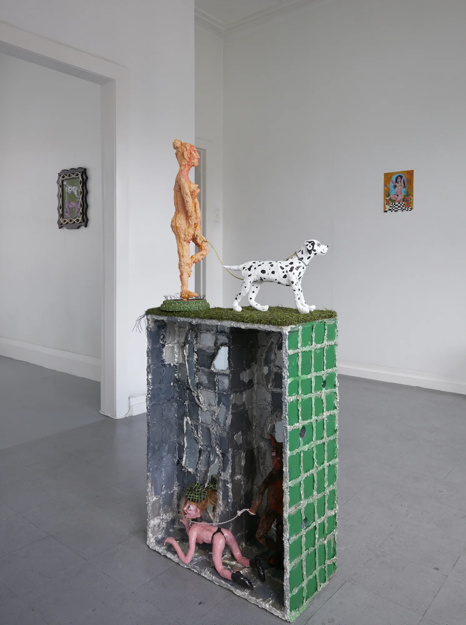 The Seedy Underbelly of the Park 2017 oil, acrylic, polymer clay, clay, wire armature, papier-mâché, human hair, rope, artificial turf, mirror, found objects 1400 x 600 x 280mm