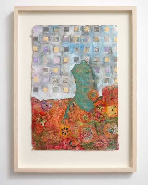 Frog in Waiting 2018 pigment, paint medium, watercolour, sand on Hanji (hand-made paper) 480 x 330mm