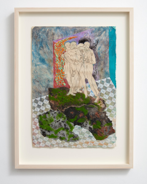 Three Rocks 2018 pigment, paint medium, modelling grass, sand, graphite on Hanji (hand-made paper) 475 x 330mm