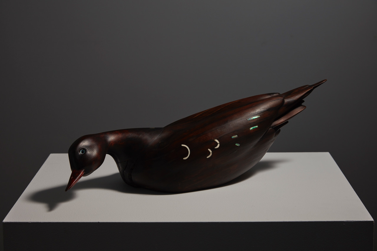 John Ward Knox double blind 7 March - 31 March 2018 Kēkē (ii) 2017/2018 found rimu, railway sleeper, paua shell, sheep bone, blood 190 x 200 x 550mm