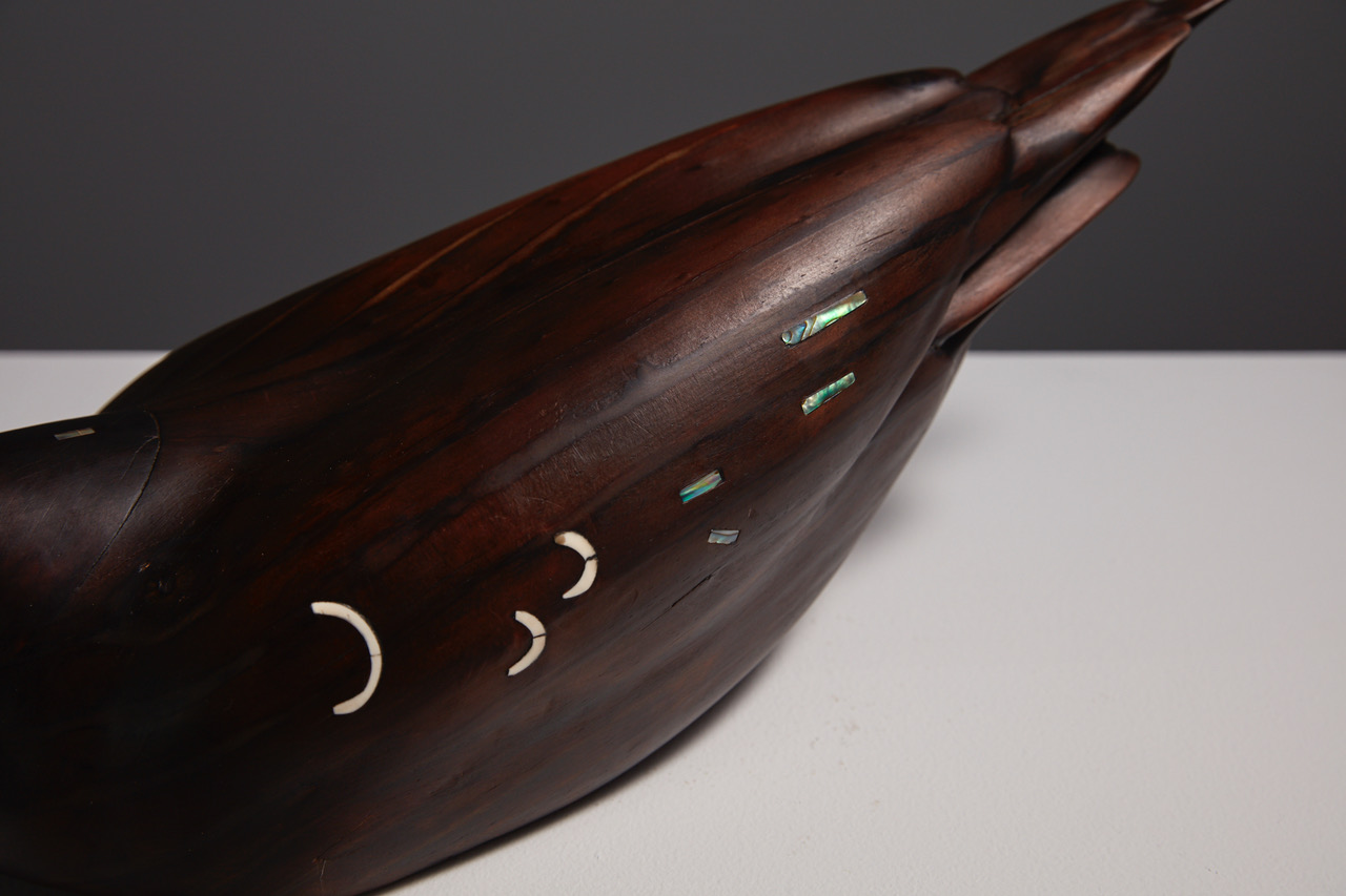 Kēkē (ii) (detail) 2017/2018 found rimu, railway sleeper, paua shell, sheep bone, blood 190 x 200 x 550mm
