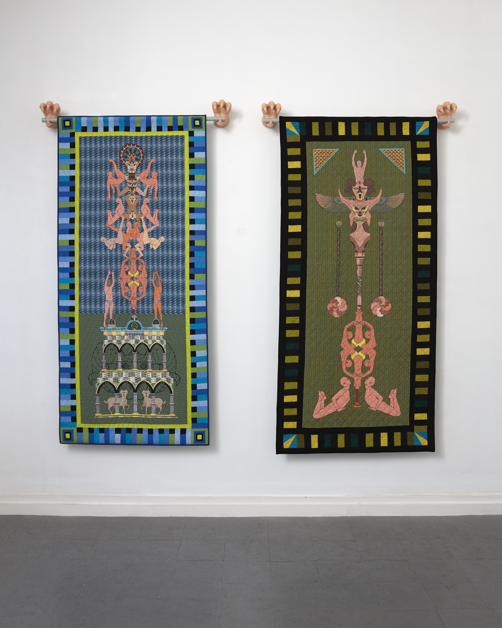 Jess Johnson and Cynthia Johnson Flesh Totem Double Arches 2018 unique digital print on cotton with pieced fabric border, assorted textiles, thread 1980 x 890mm Wurm Scale Staff 2018 unique digital print on cotton with pieced fabric border
