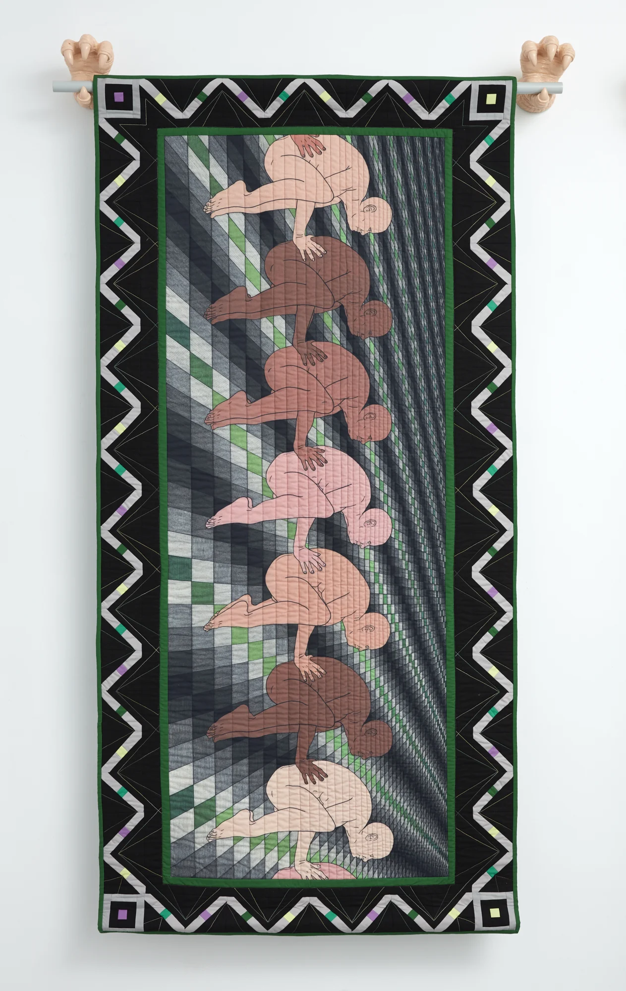 Jess Johnson and Cynthia Johnson Transkin Stakker 2018 unique digital print on cotton with pieced fabric border, assorted textiles, thread 1905 x 865mm