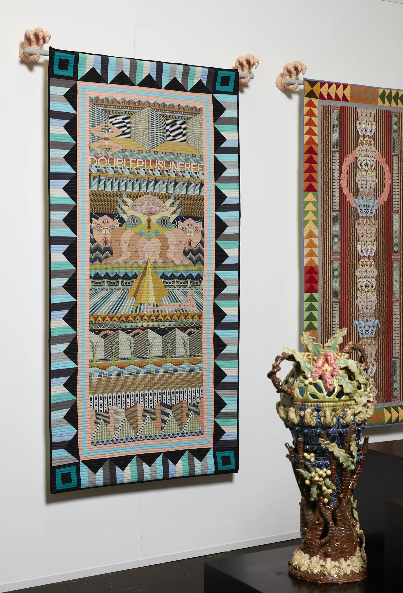 Jess Johnson and Cynthia Johnson Double Plus Unfree 2018 unique digital print on cotton with pieced fabric border, assorted textiles, thread 2050 x 1030mm