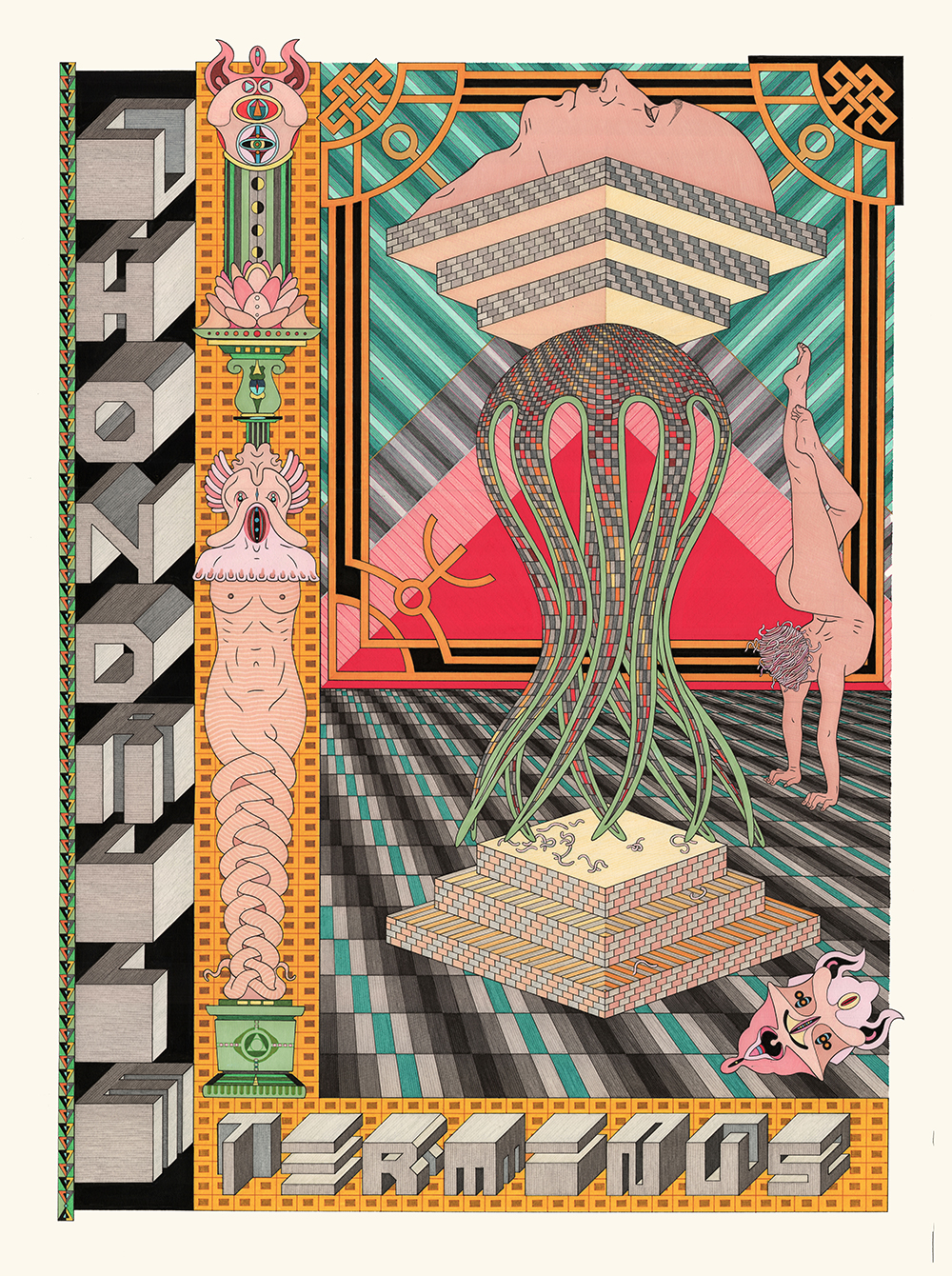 Jess Johnson Chondrule Terminus 2018 pen, fibre tipped markers, metallic paint and gouache on paper 760 x 560mm