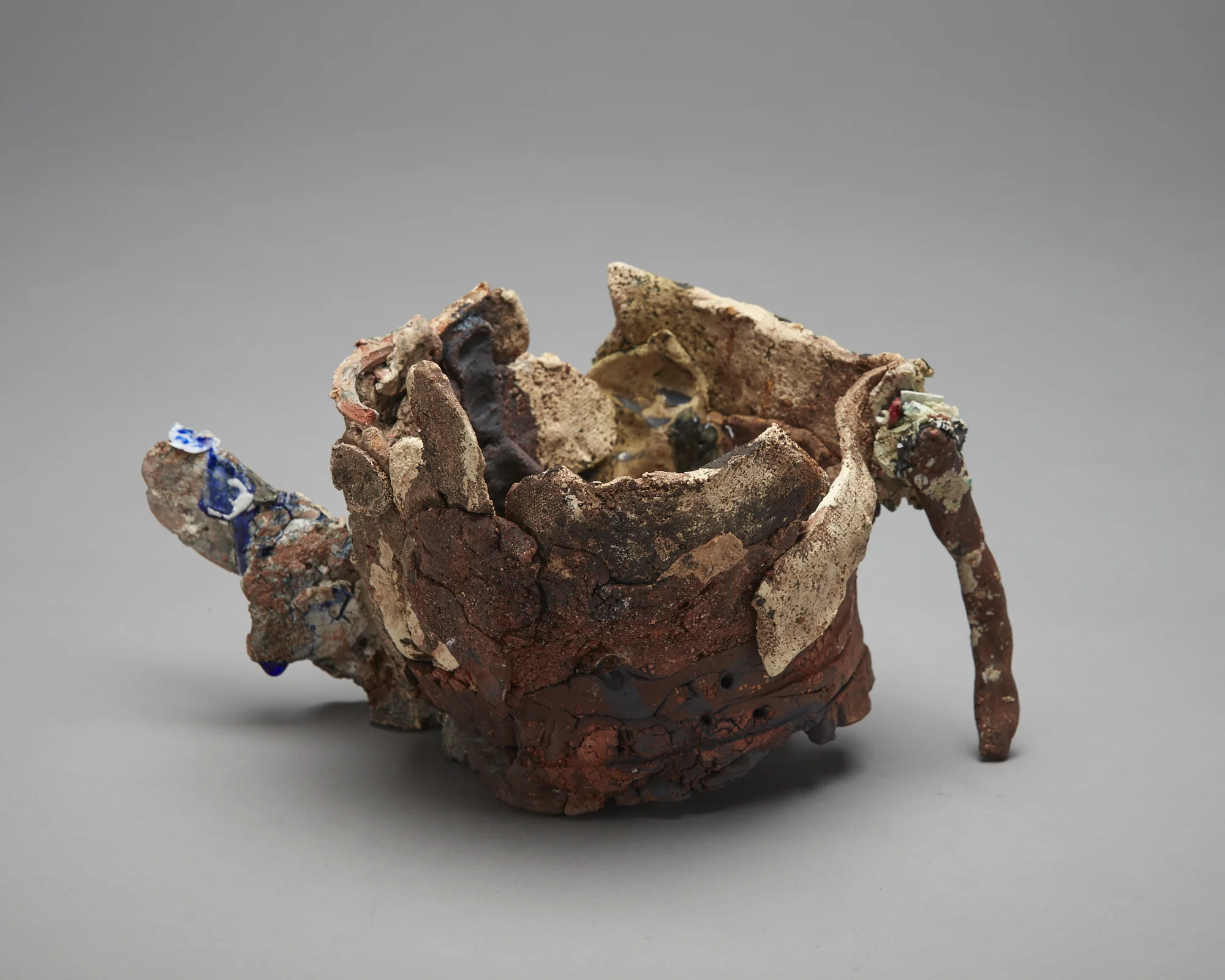 Two Handled Stick Pot 2018 raw clay, earthenware, stoneware, porcelain, ceramic pigment and oxide, glass, ceramic scraps 155 x 290 x 180mm