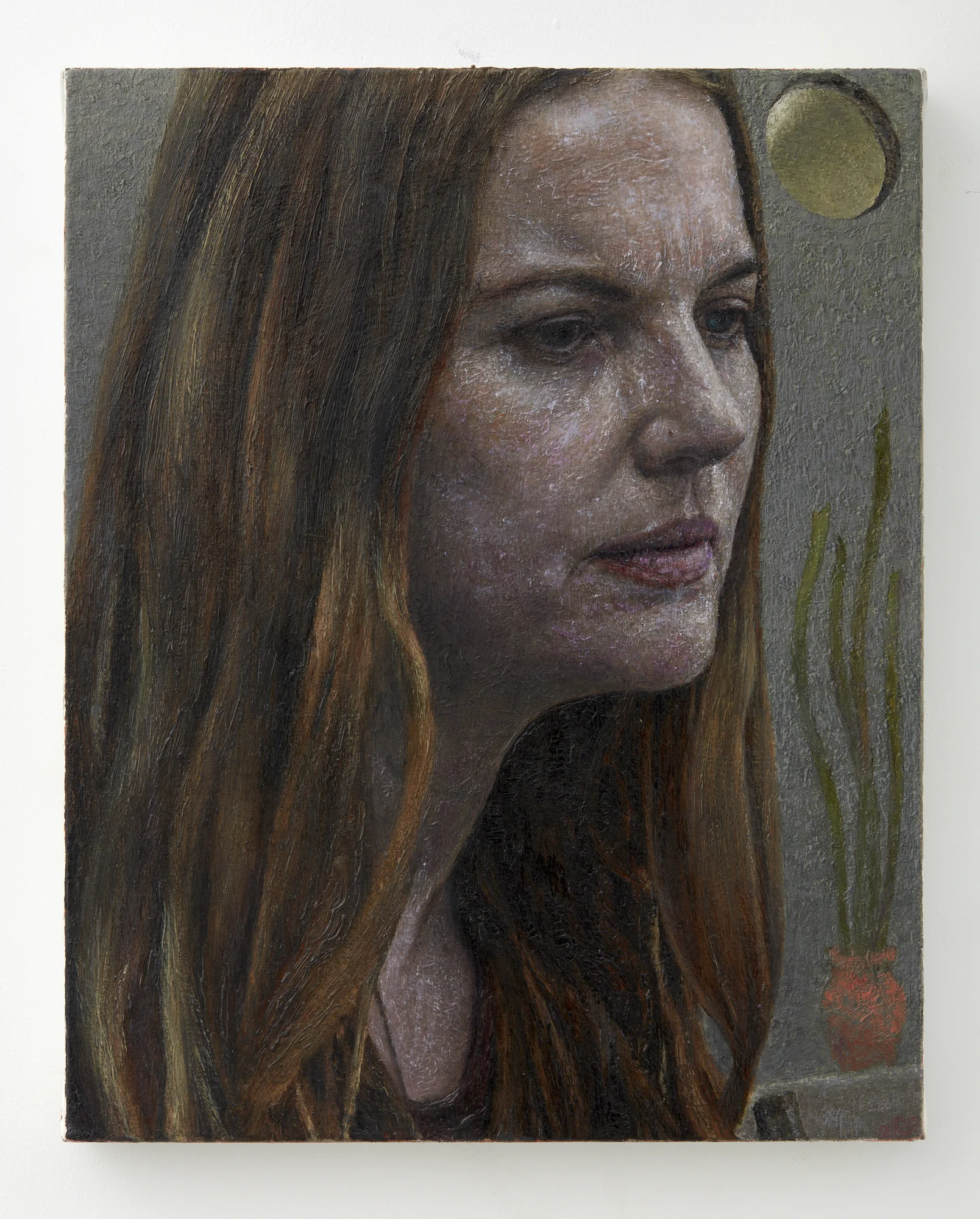 Charlotte with round window 2019 oil on linen 505 x 405mm