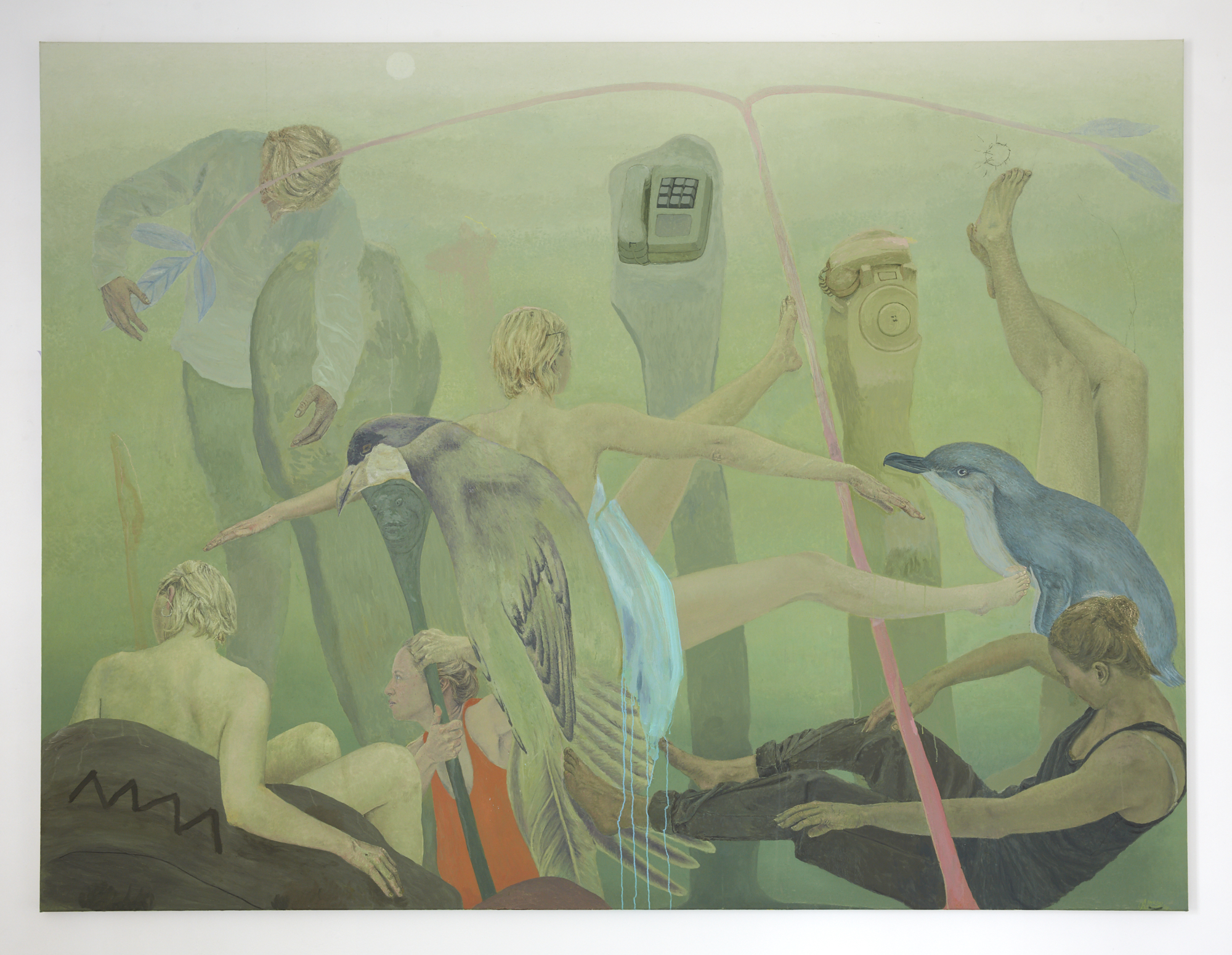 Large green composition with phones 2018 oil on linen 1900 x 2500mm