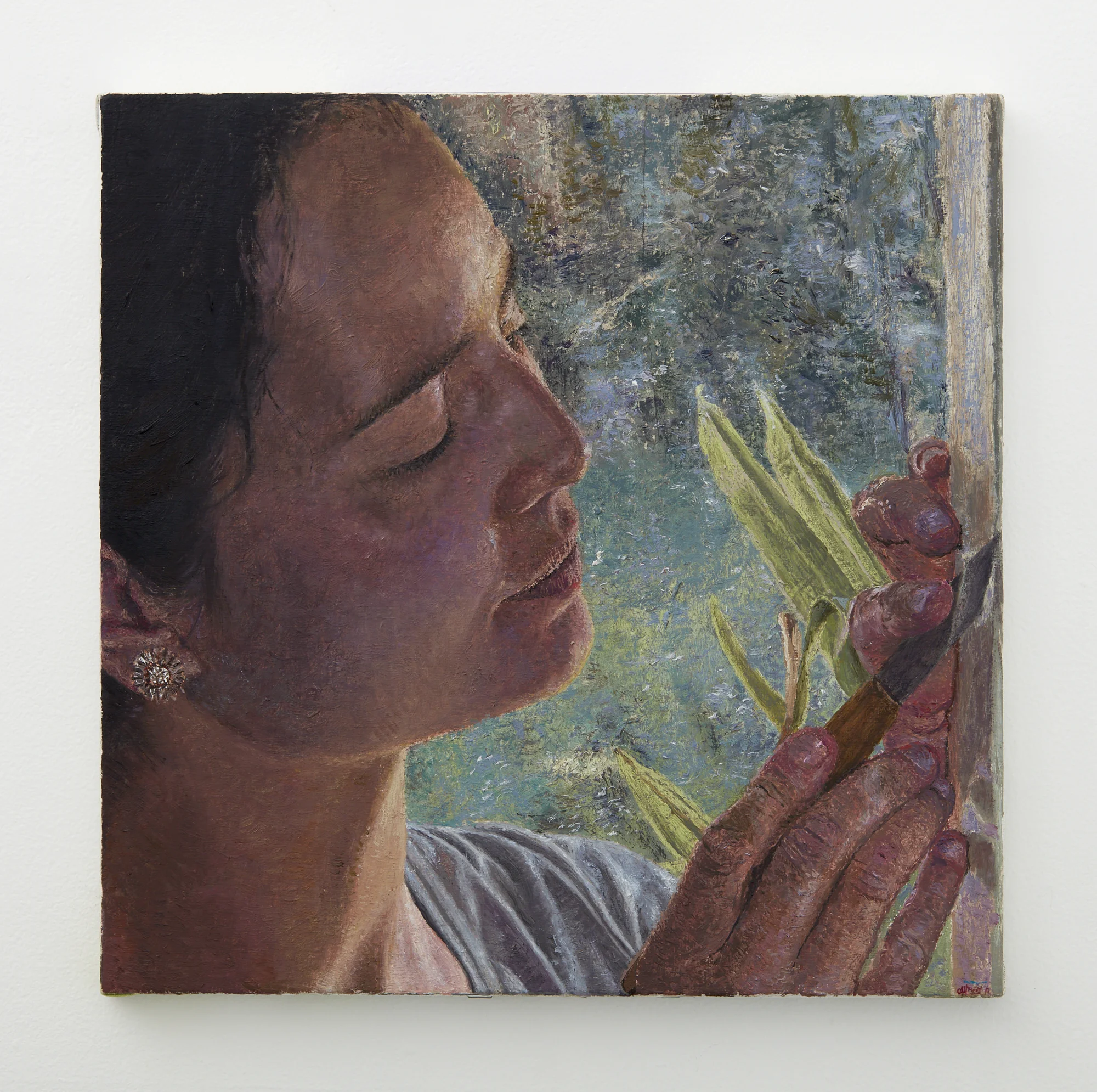 Grace with knife 2019 oil on linen 380 x 380mm