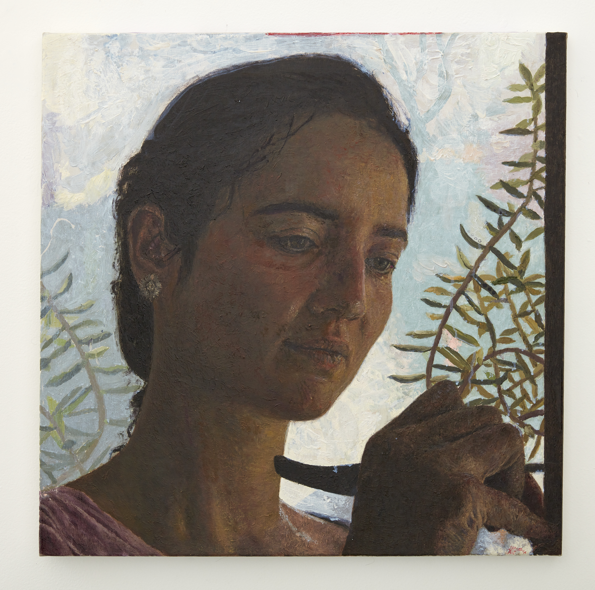 Grace with Swiss knife 2019 oil on linen 555 x 555mm