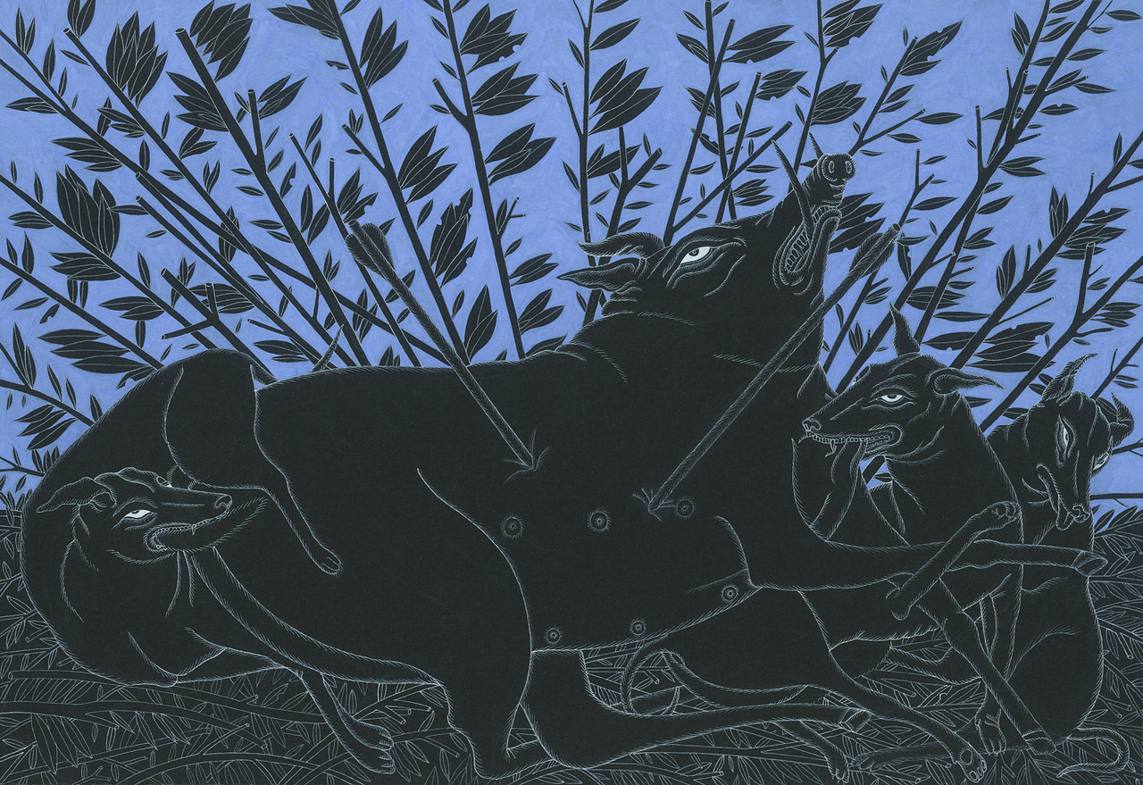 Boar and Dogs 2019 gouache on paper 190 x 270mm