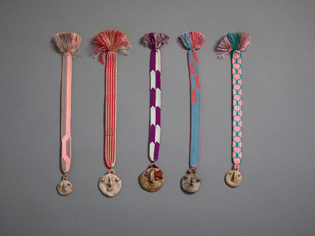 Shibuichi Faces 2019 Shibuichi (93% copper, 7% silver), cubic zirconia, haori-himo (Japanese braided ties) dimensions variable