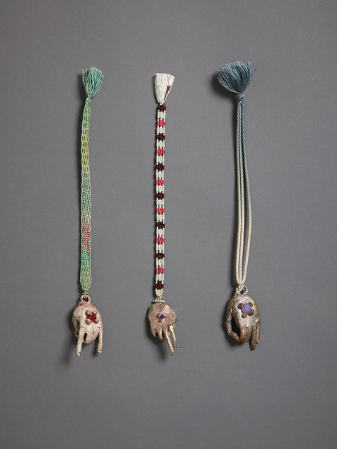 Francis Upritchard 3 Shibuichi Mudra Hands 2019 Shibuichi (93% copper, 7% silver), cubic zirconia, haori-himo (Japanese braided ties) dimensions variable
