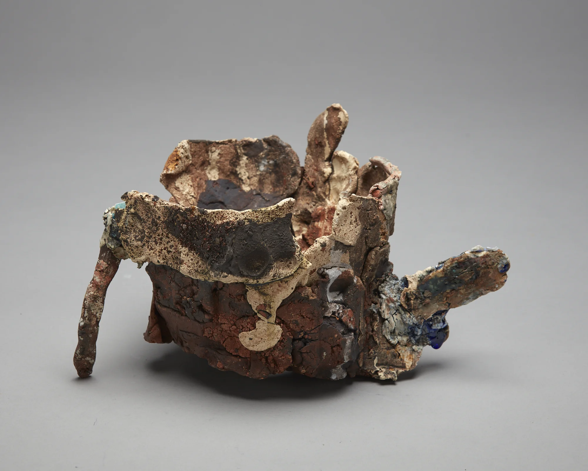 Tanja Nola Two Handled Stick Pot 2018 raw clay, earthenware, stoneware, porcelain, ceramic pigment and oxide, glass, ceramic scraps 155 x 290 x 180mm