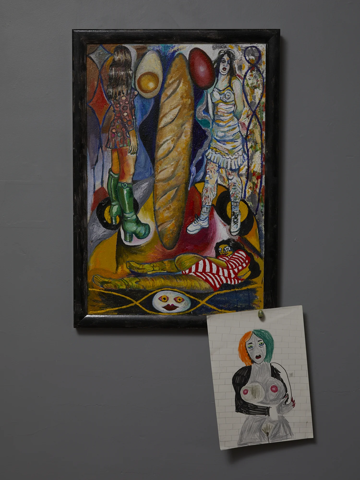 Raw/Cooked 2019 oil, enamel, modelling material, pin on pin board, felt, colour pencil on paper 650 x 440mm