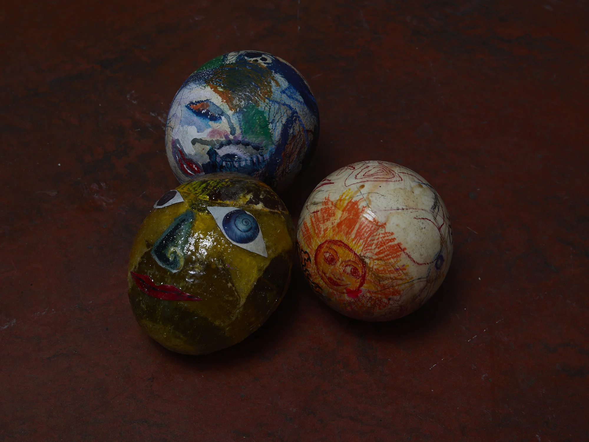 The Egghead and the dum-dum III-V 2019 oil, flashe, enamel, colour pencil, pastel, paper collage on ostrich egg or resin 150 x 120 x 120mm