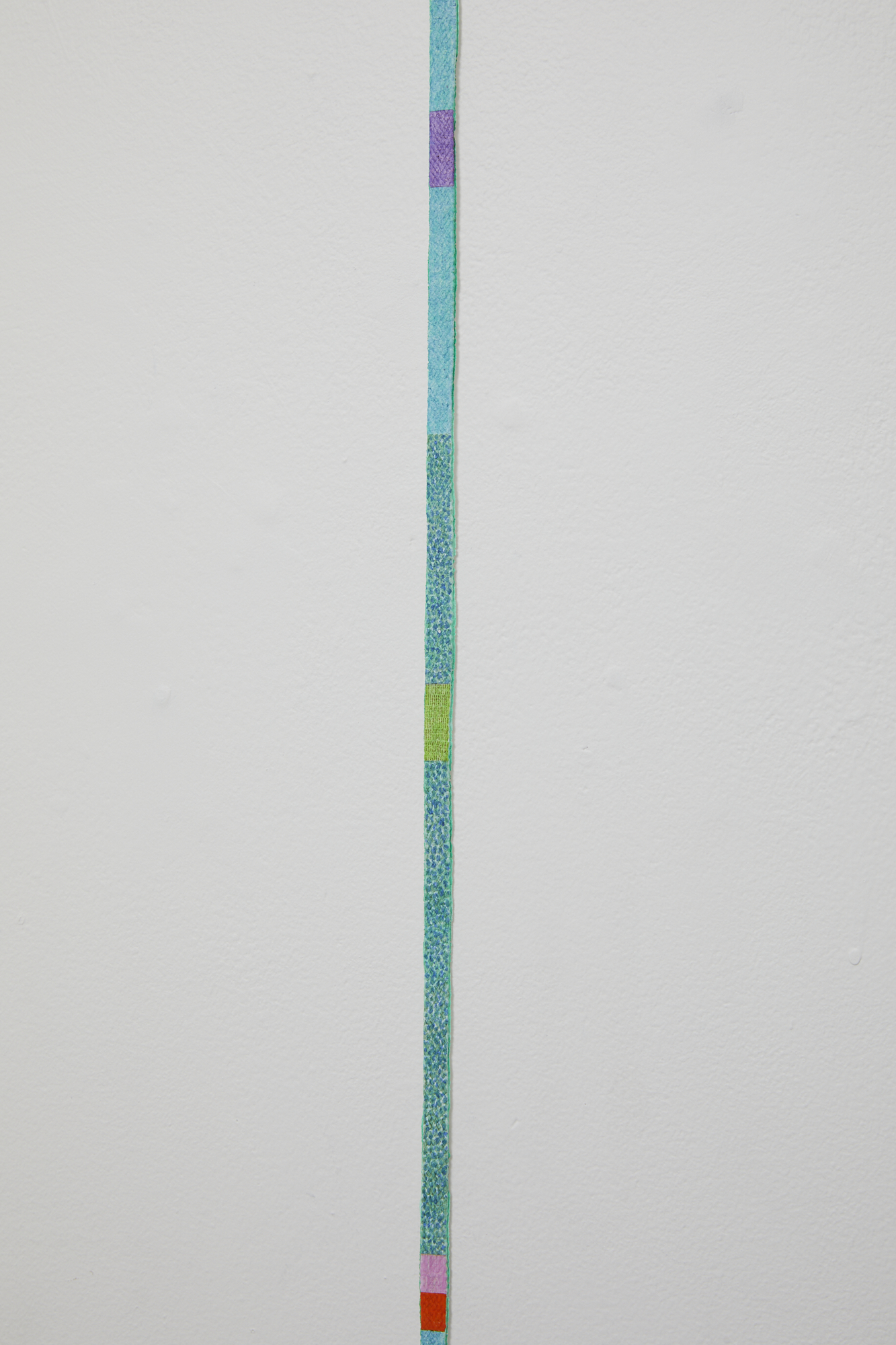 No title (detail) 2019 acrylic on fabric, enamel on pin 1130 x 10mm