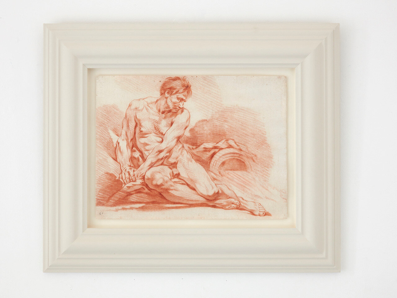 Drawing by François Boucher 1703-1770, Paris 275 x 370mm Provenance: Private collection, Spain. An academic drawing in sanguine chalk depicting a male nude. François Boucher (c. 1703–1770) was a French Rococo painter, engraver, and designer, wh