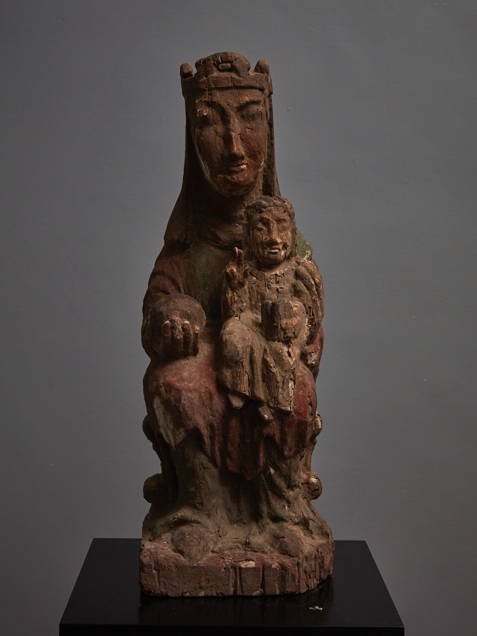 Madonna and Child (Sedes Sapientiae) 12th - early 13th century, Northern Europe (probably Spain) 580 x 210 x 170mm Provenance: Private collection, Spain. A softwood Madonna and Child statue, heavily distressed but essentially intact, with traces