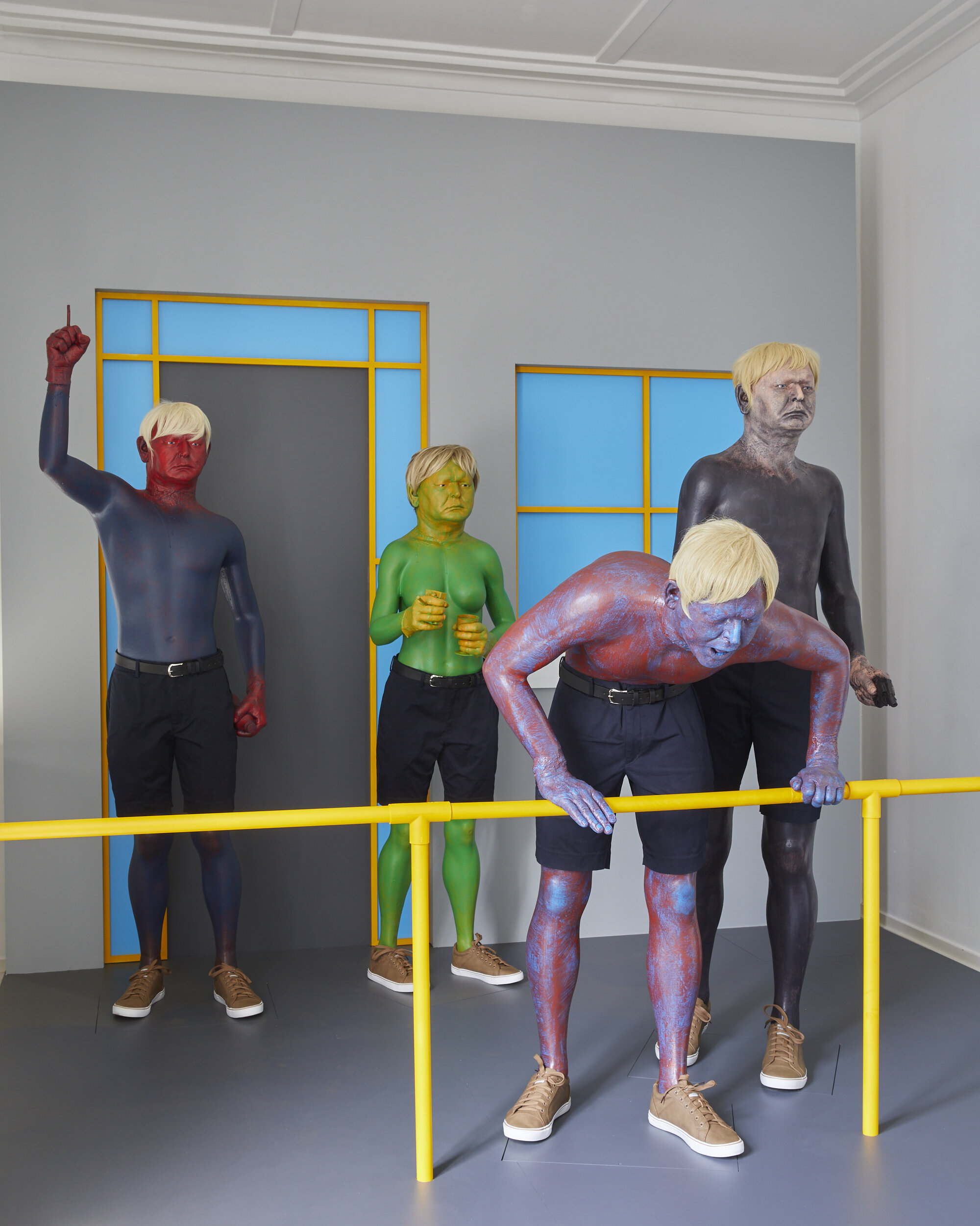 Ghosting 2020 painted MDF and pvc pipe, painted cast rigid urethane resin, expanded urethane foam, CNC expanded polystyrene, urethane spray, clothing, wigs, glass eyes 3000 x 3000 x 3000mm