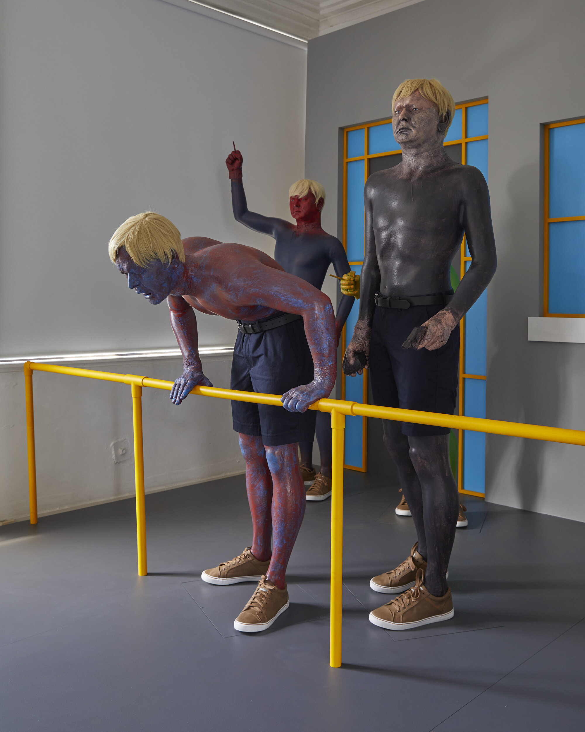 Ghosting 2020 painted MDF and pvc pipe, painted cast rigid urethane resin, expanded urethane foam, CNC expanded polystyrene, urethane spray, clothing, wigs, glass eyes 3000 x 3000 x 3000mm