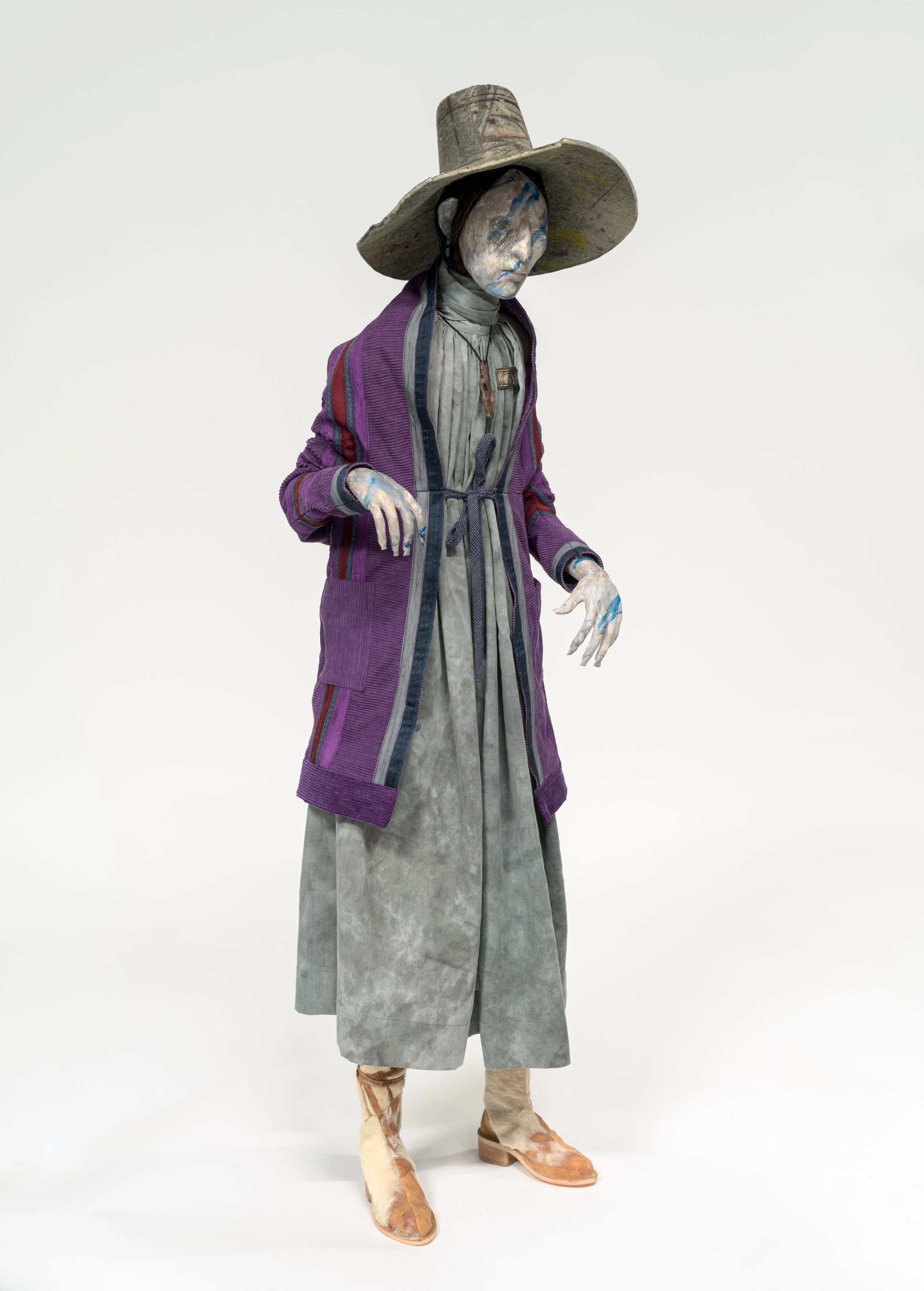 Printer 2021 steel and foil armature, paint, modelling material, fabric, metal, felt, kangaroo hide, hair 1400 x 310 x 310mm
