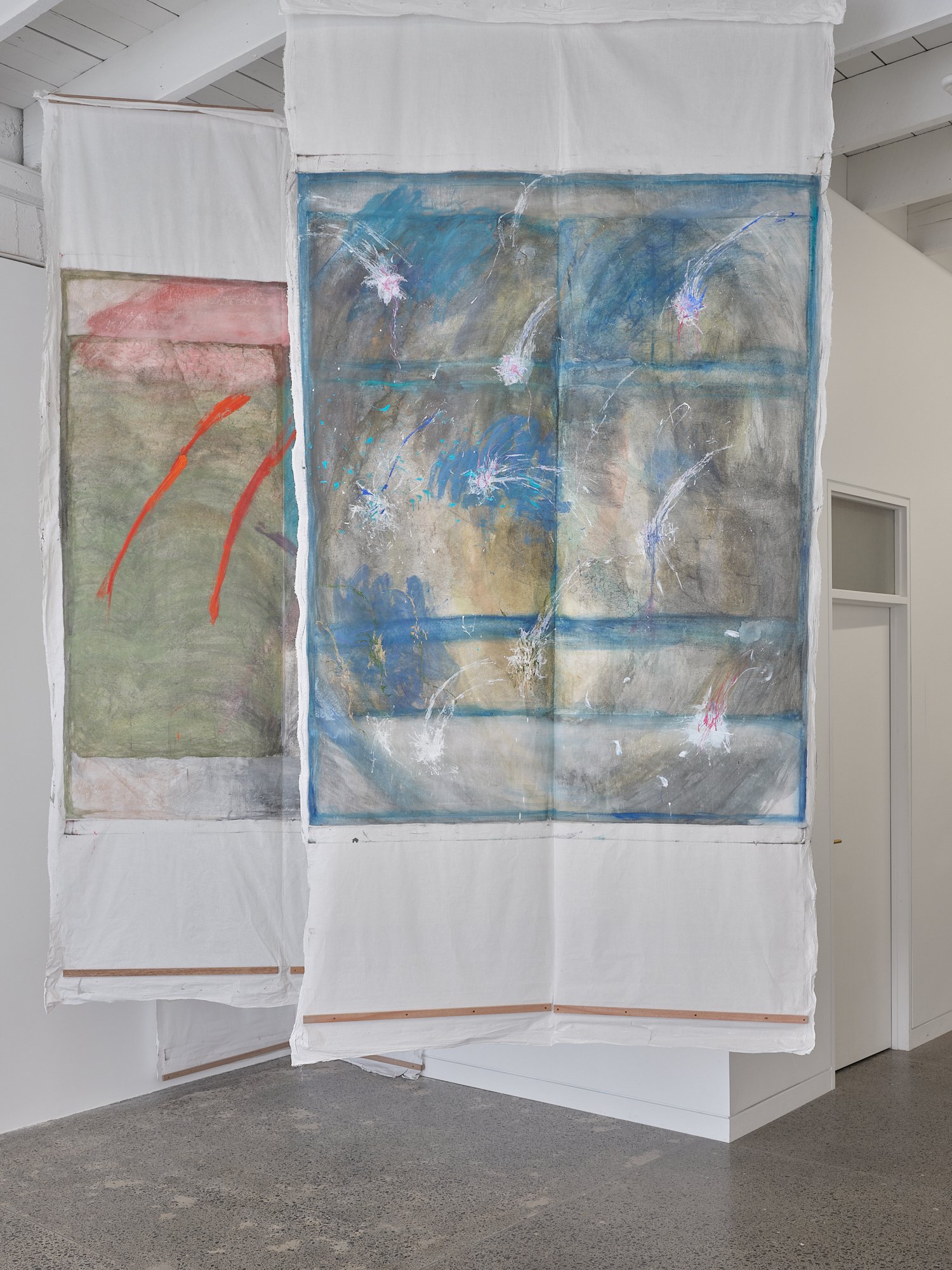 The windows I, II 2024 graphite, pigment, acrylic on Daebal Hanji (large hand-made paper) on cotton 3180 x 1550mm