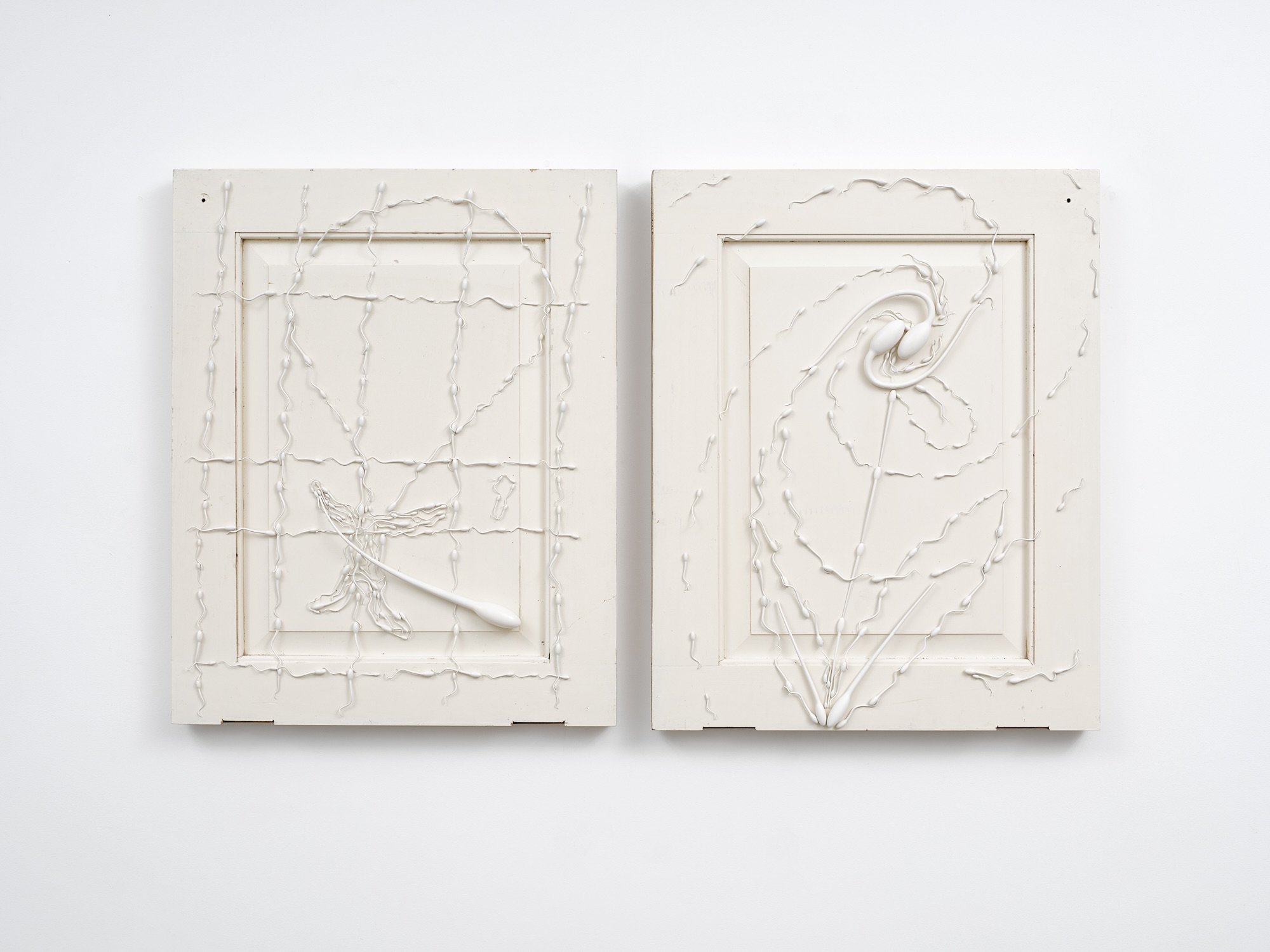 Left: Door Drawing (Brain-Cell) 2024 found door, UV resin, archival varnish, steel & paint 685 x 550 x 70mm Right: Door Drawing (Clockwise Spiral) 2024 found door, UV resin, archival varnish, steel & paint 685 x 550 x 70mm
