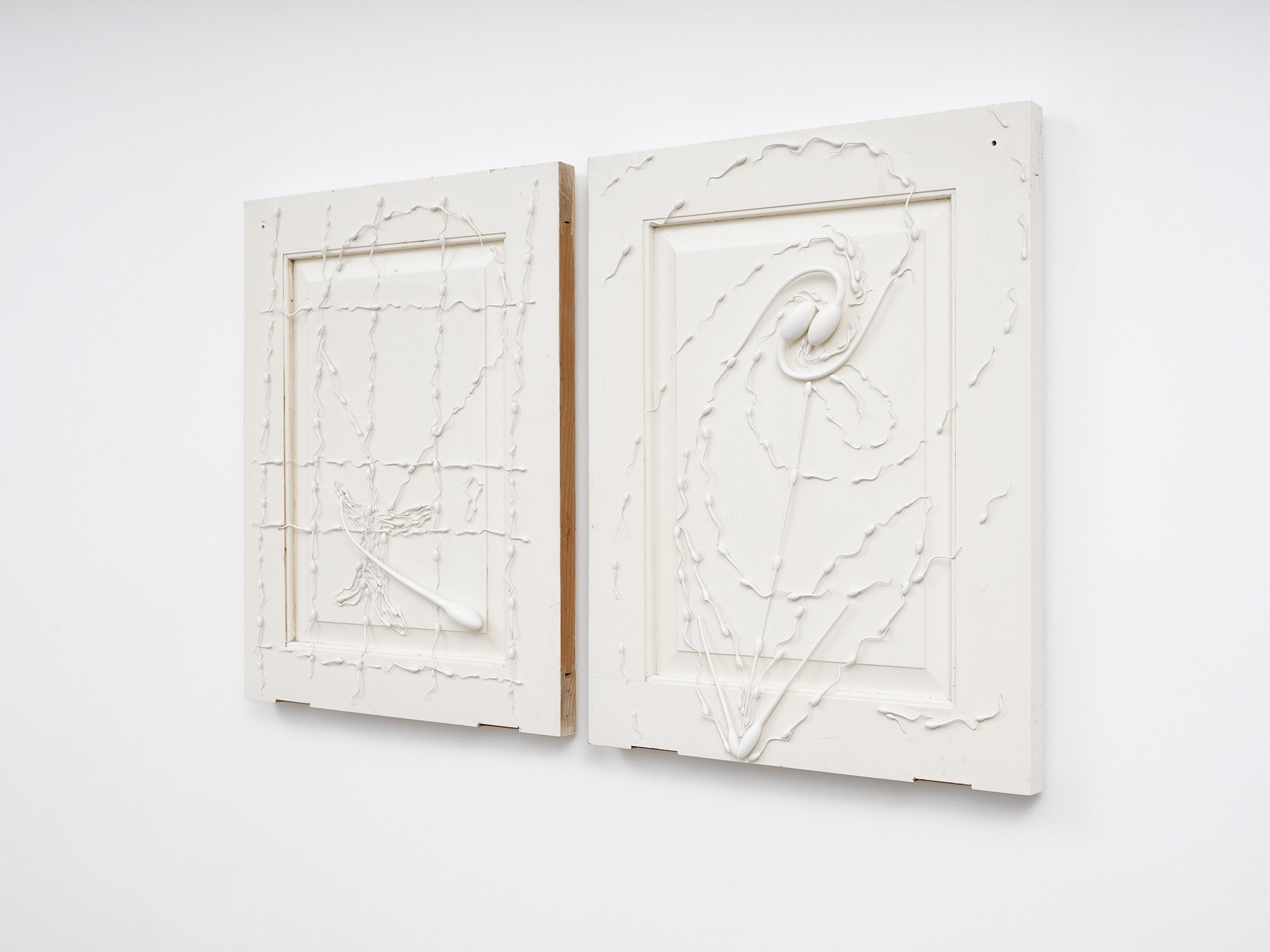 Left: Door Drawing (Brain-Cell) 2024 found door, UV resin, archival varnish, steel & paint 685 x 550 x 70mm Right: Door Drawing (Clockwise Spiral) 2024 found door, UV resin, archival varnish, steel & paint 685 x 550 x 70mm